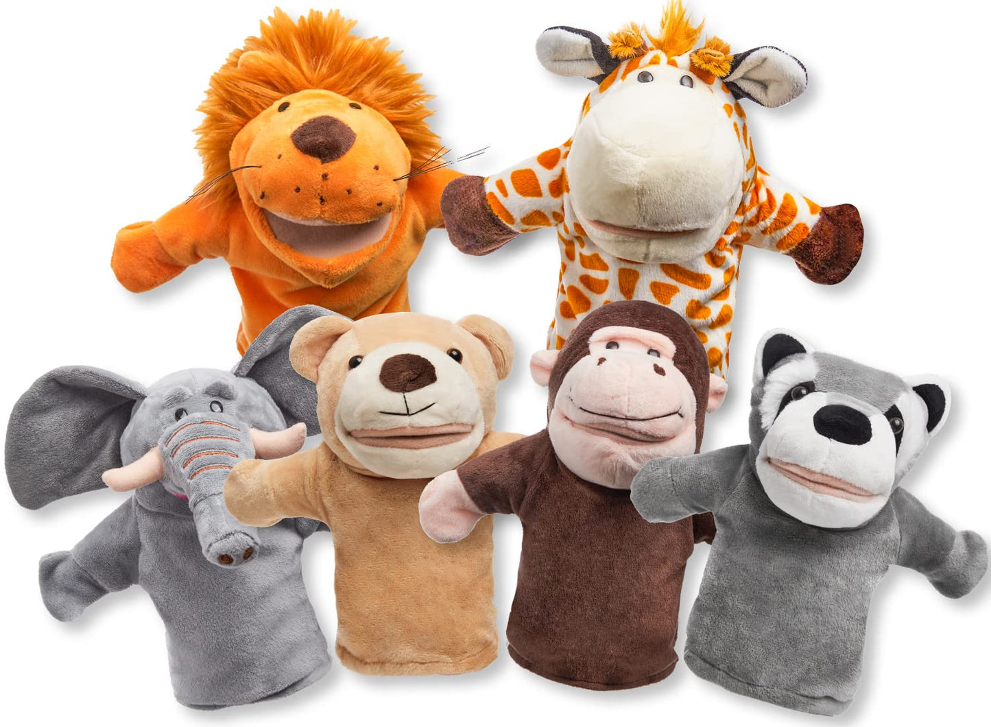 JOYIN 6Pcs Kids Hand Puppet Set with Working Mouth, Toddler Animal Plush Toy Includes Elephant, Giraffe, Lion, Bear, Raccoon and Monkey for Show Theater, Birthday Gifts, Easter Basket Stuffers