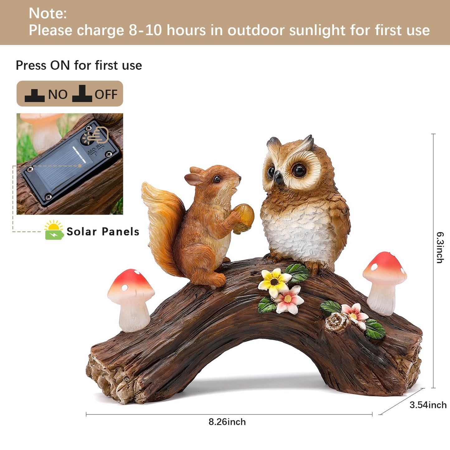 WONDHOME Solar Owl Garden Statues Outdoor Decor Resin Owl Squirrel Figurine with Mushroom Lights for Patio Lawn Yard Decorations Christmas Housewarming Gardening Gifts for Women Mom