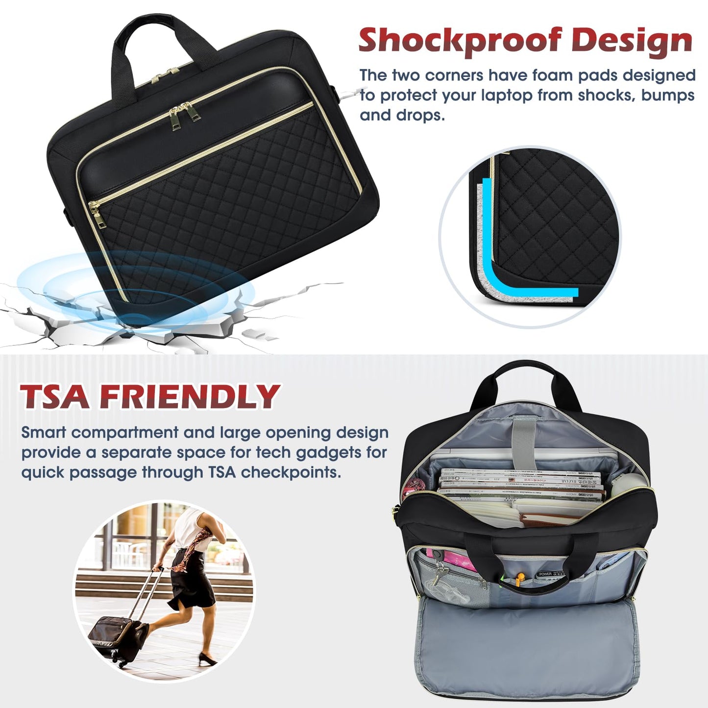 Laptop Bag 17.3 Inch Large Laptop Briefcase for Women Men Waterproof Shoulder Messenger Bag Padded Carry On Laptop Case Professional Computer Bag for Business Office Work College, Black