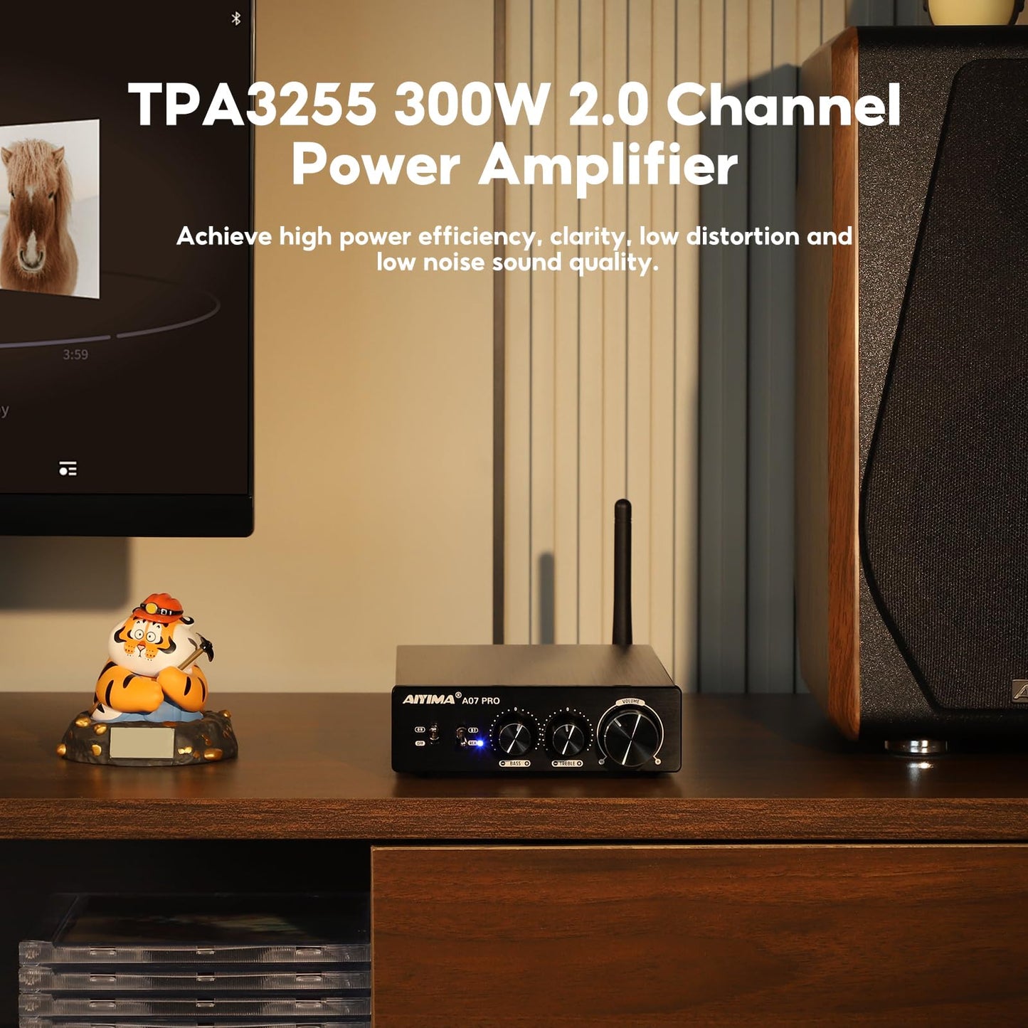 [Upgraded] AIYIMA A07 Pro TPA3255 Power Amplifier Bluetooth 5.2 300Wx2 HiFi Class D Stereo Digital Audio Amp 2.0 Sound Amplifier with Bass Treble Control& Line Output + Power Adapter
