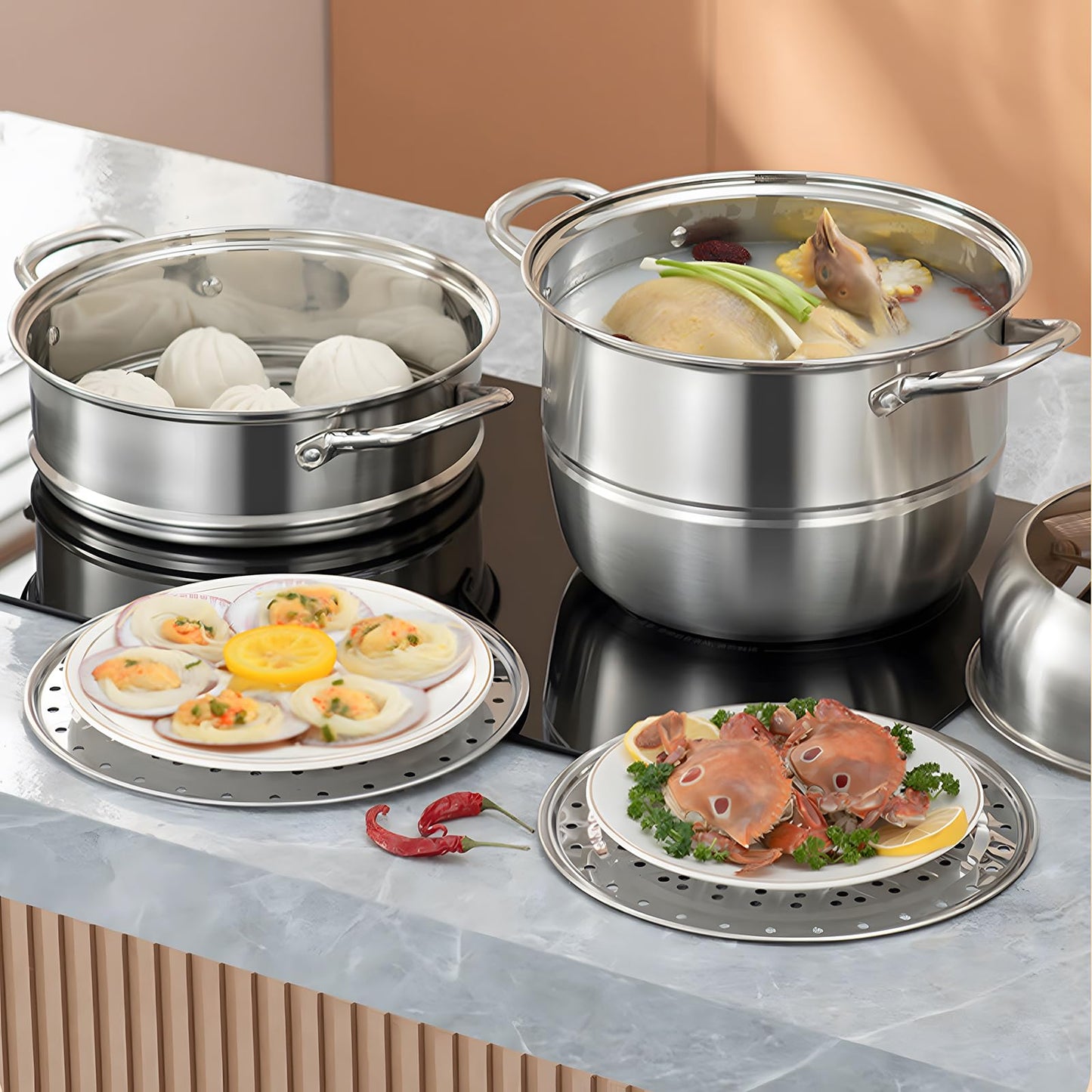 3-Tier Steamer Dia 30cm/11.81" Stainless Steel Boiler Pot with Tempered Glass Lid Steamer Pot with Handles on Both Sides Work with Gas, Electric, Grill Stove Top