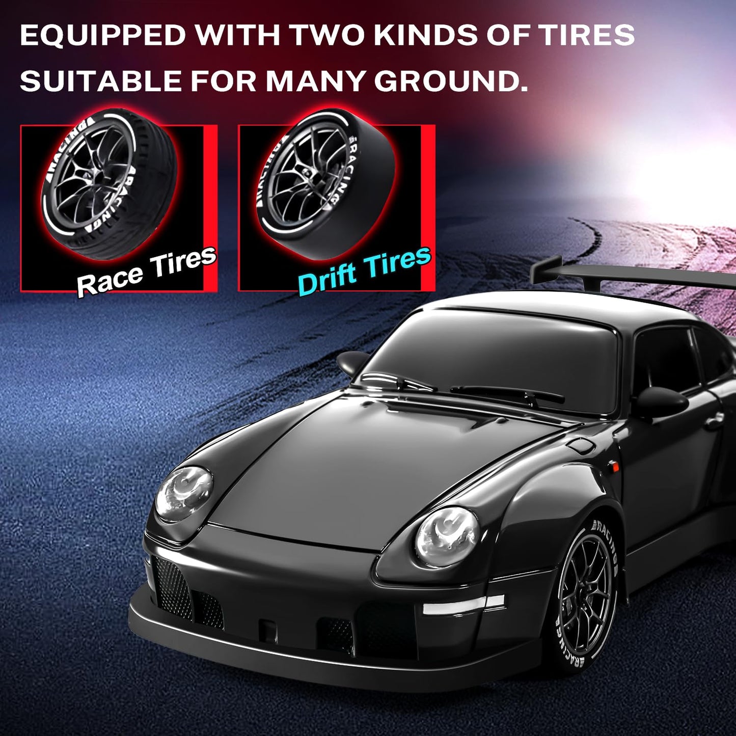 ACAMMZAR RC Drift Car, 1:24 Remote Control Car for Kids, 20KM/H 4WD High Speed RC Cars with Lights, Extra Racing Tires, Vehicle for Adults Boys Girls, Black