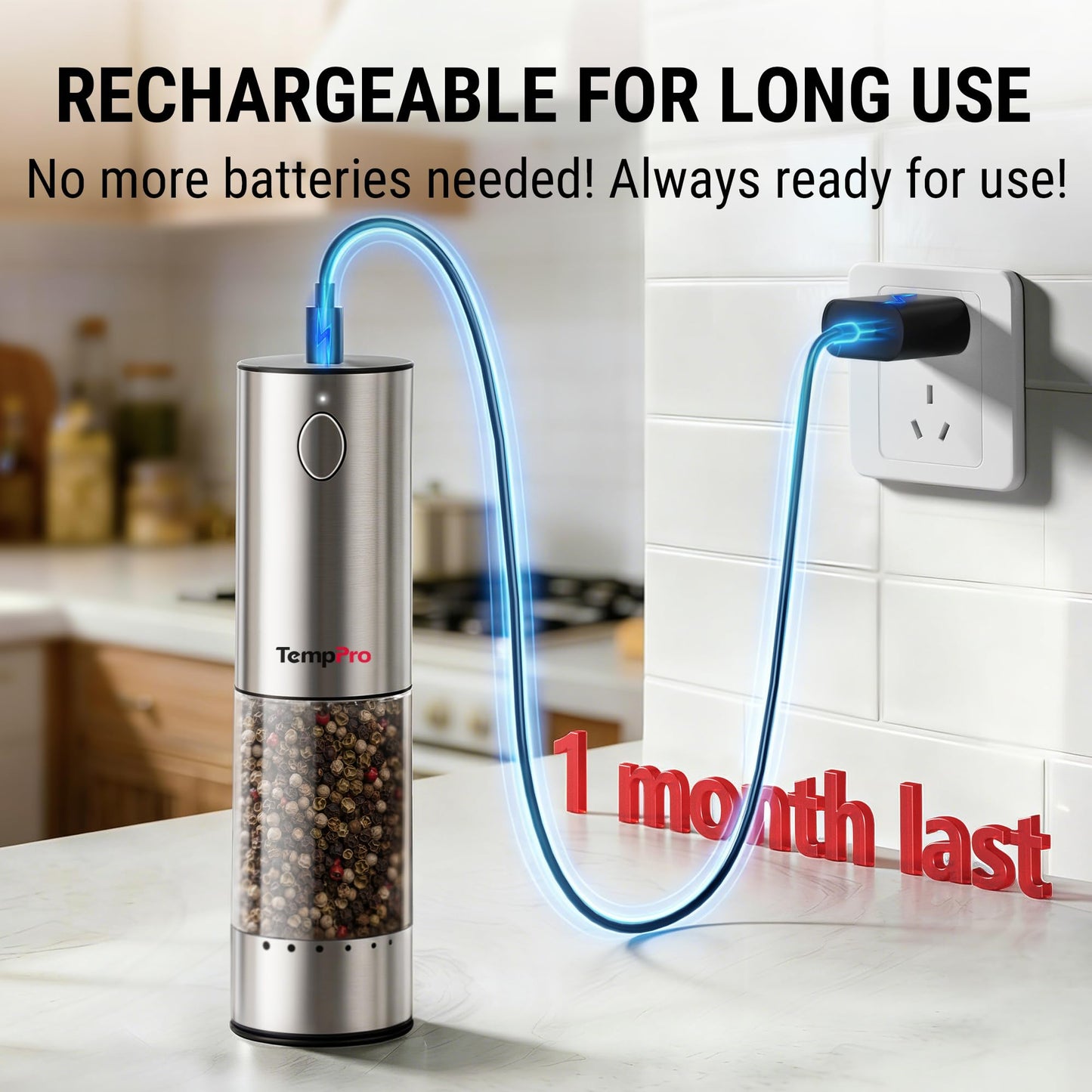 TempPro Electric Salt and Pepper Grinder Set with External Adjustable Coarseness, 100ml Rechargeable Salt and Pepper Shaker with LED light, Stainless Steel Automatic Pepper Mill (Previously ThermoPro)