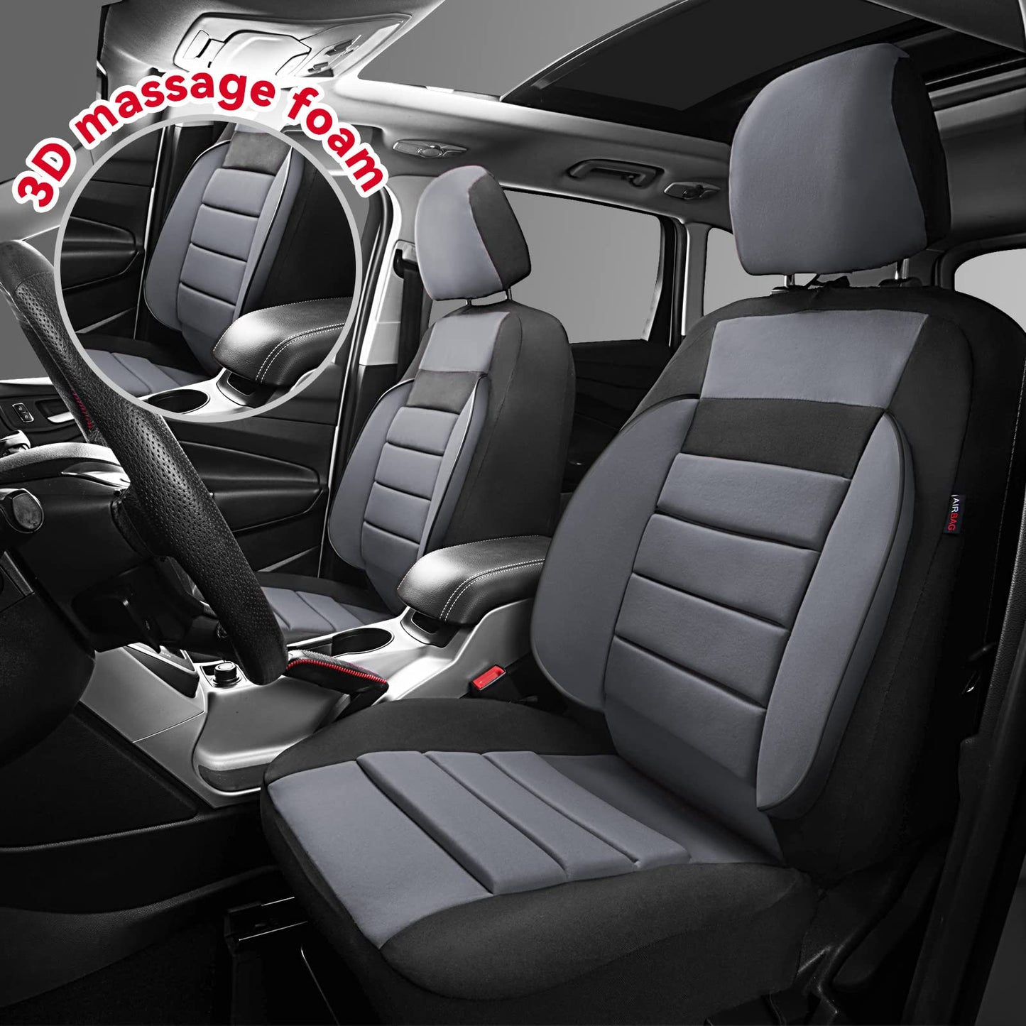 CAR PASS 6PCS Elegance Universal Fit Two Front Car Seat Covers Set, Foam Back Support, Airbag Compatible, 100% Breathable (Black with Gray)