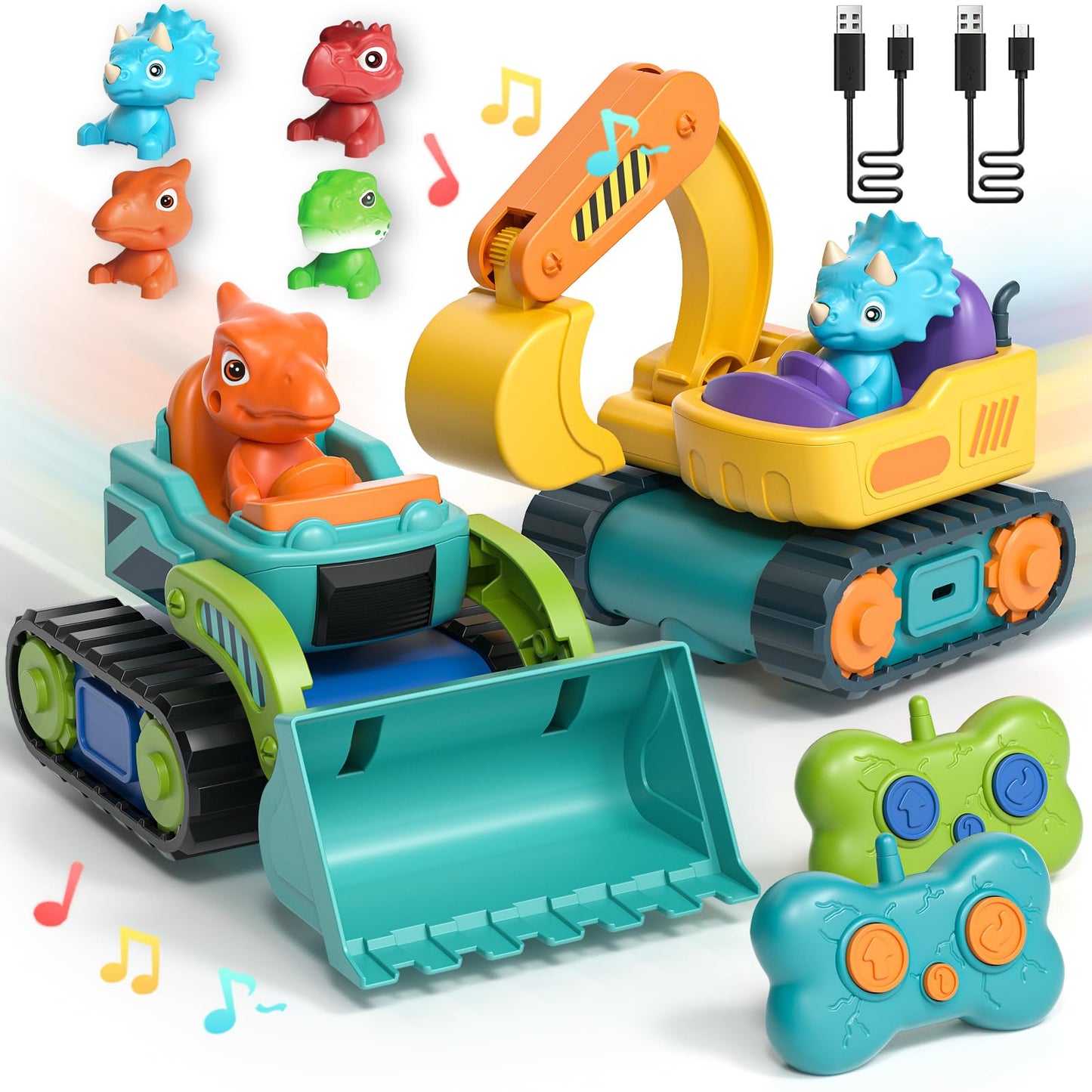 Lehoo Castle Remote Control Cars for Kids, 2 Pack Construction Toys for Kids 3-5, Rechargeable RC Excavator & Bulldozer Toy, 2 3 4 5 Year Old Boy Girls Gifts