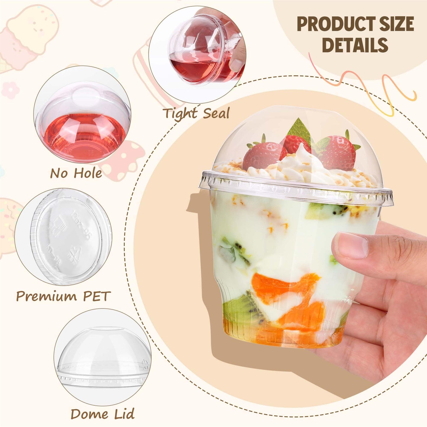100 Pcs 12 oz Clear Plastic Dessert Cups with Dome Lids No Hole, Disposable Plastic Yogurt Parfait Cup, Crystal PET Fruits Cups with Lid for Pudding Ice Cream Snack Jello Party Birthday Wedding