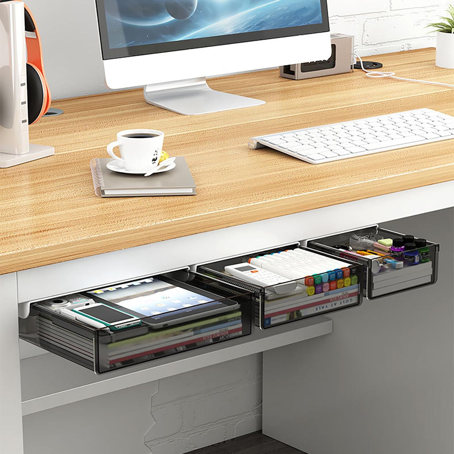 3 Pack Under Desk Drawer Organizer Slide Out - Under Desk Storage Come with Adhesive Create Extra Storage Space for Your Home/Office/Kitchen Supplies
