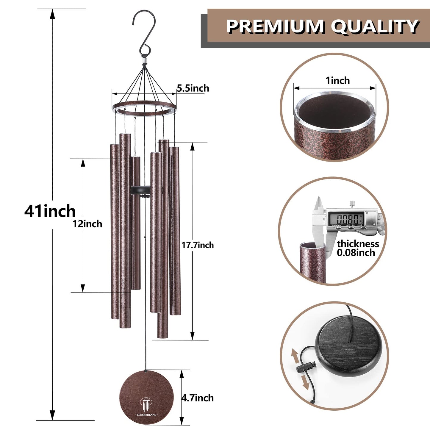 BLESSEDLAND Wind Chimes-Large Deep Tone,41" Wind Chime 6 Aluminum Tubes,Outdoor Decor for Garden,Yard,Patio and Home (Copper Vein)