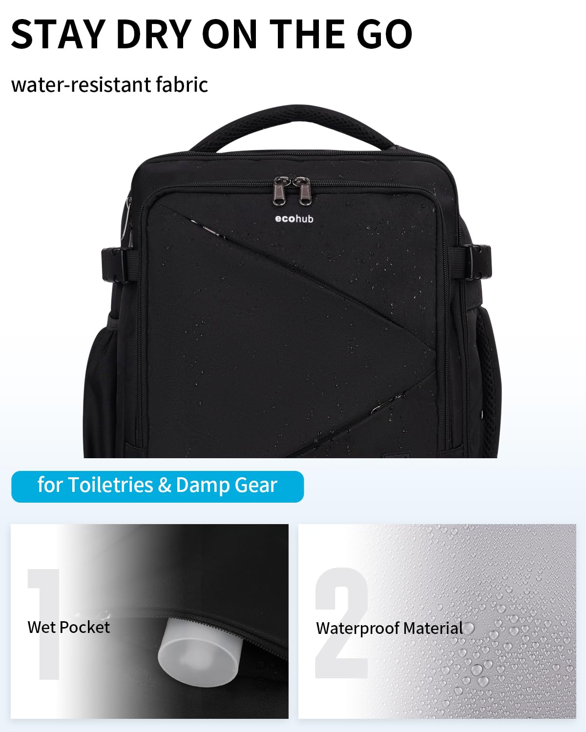 ECOHUB 17" Small Unisex Travel Backpack United Airline Approved 17x10x9 Friendly Suitcase Anti-Theft Lockable Zippers Style Personal Item Bag Travel Essentials with 12 Pockets Water Resistant, Black