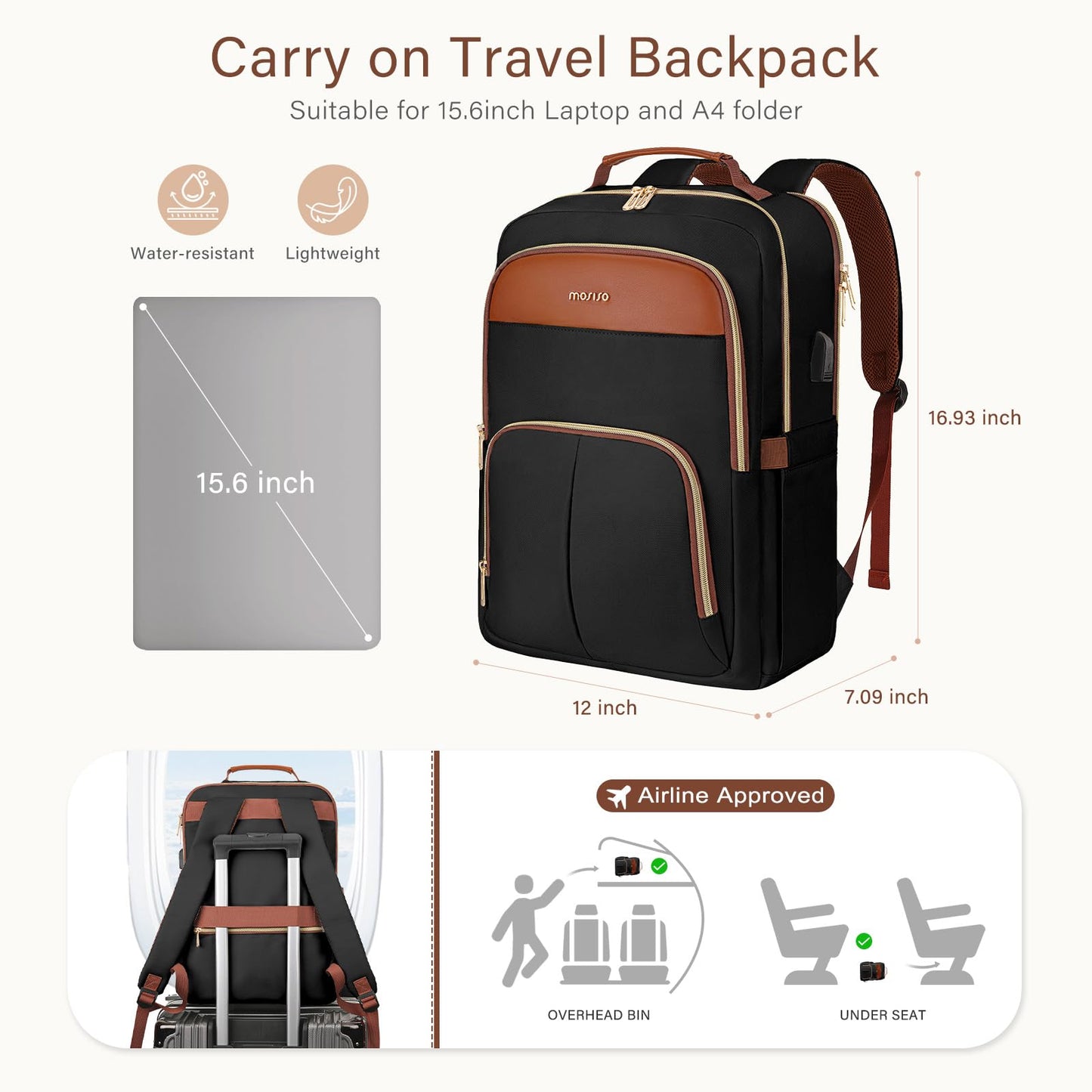 MOSISO Laptop Backpack for Women, 15.6 inch Laptop Bag with USB Charging Port&Front Pocket, Carry on Computer Bag Travel Backpack Casual Daypack for Office College Work Business, Black