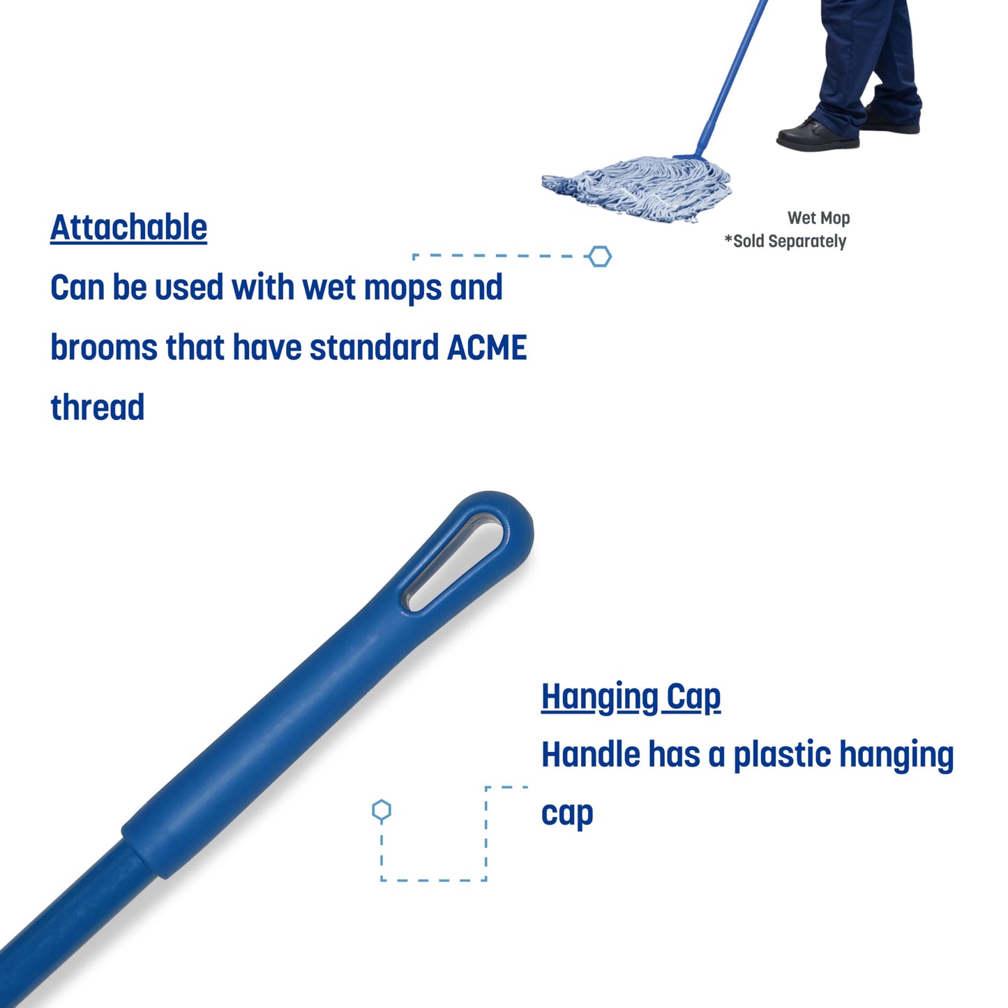 Sparta Fiberglass Handle, Standard Thread Color Coded Handle for Broom and Mop, 48" Long, 1 Count, Blue