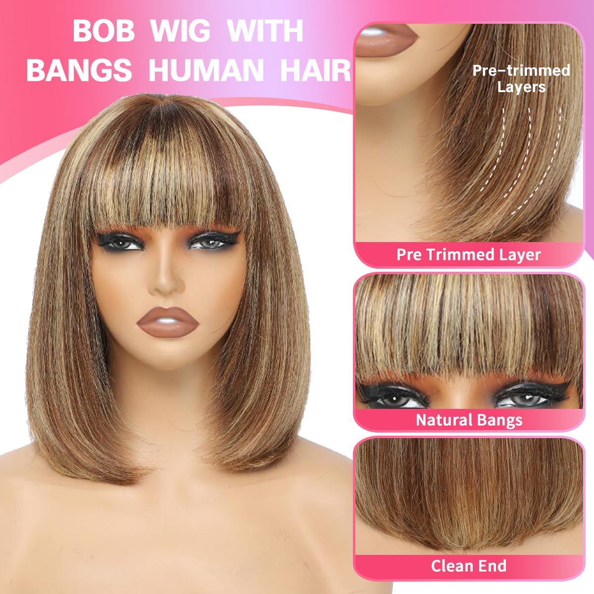 Bob Wig With Bangs Human Hair P4/27 Straight Wig Human Hair Short Human Hair Glueless Wear Wig Ombre Blonde Highlight Short Bob Wigs for Black Women 2.5X1 inch Bob Wig Human Hair 8Inch Short Bob