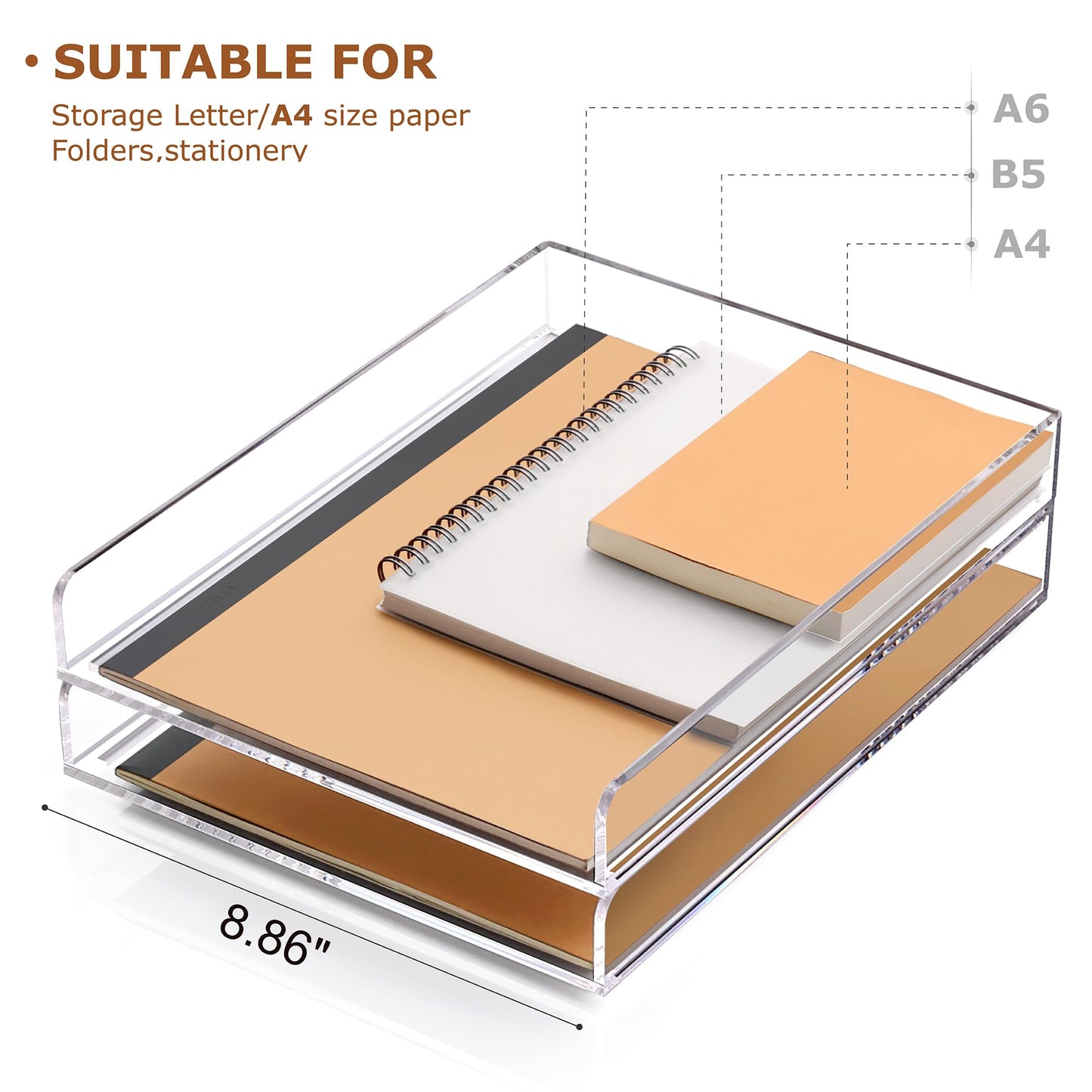 SANRUI 2 Tier Acrylic Stackable Paper Letter Tray, Vertical A4 File Tray Desk Organizer and Accessories Sorter Tray, Clear Workspace Office Supplies Organizers, 12inx9.25inx3.42in