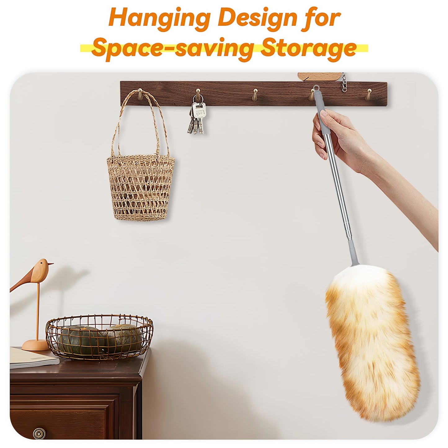 Lambswool Duster with Extension Pole up to 88.58” - Natural Feather Dusters Long Handle Stainless Steel, Fluffy Feather Duster for Cleaning High Ceiling Fans, Window Blinds Shelves, Furniture, Car