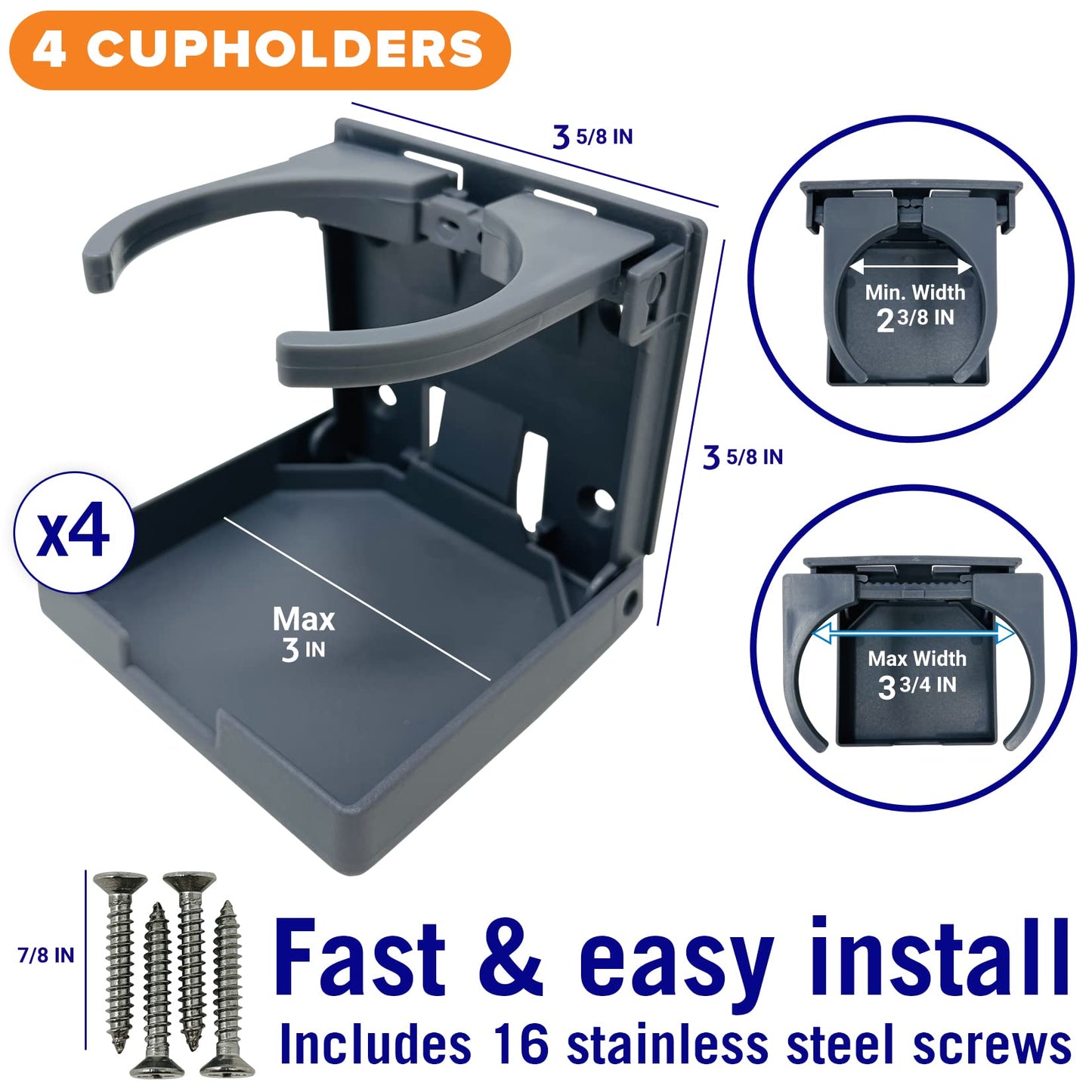 Boat Cup Holder, Set of 4 Folding Drink Holders, Wall Mountable for Boat, RV, and Motorhome, Marine Grade, Gray Color