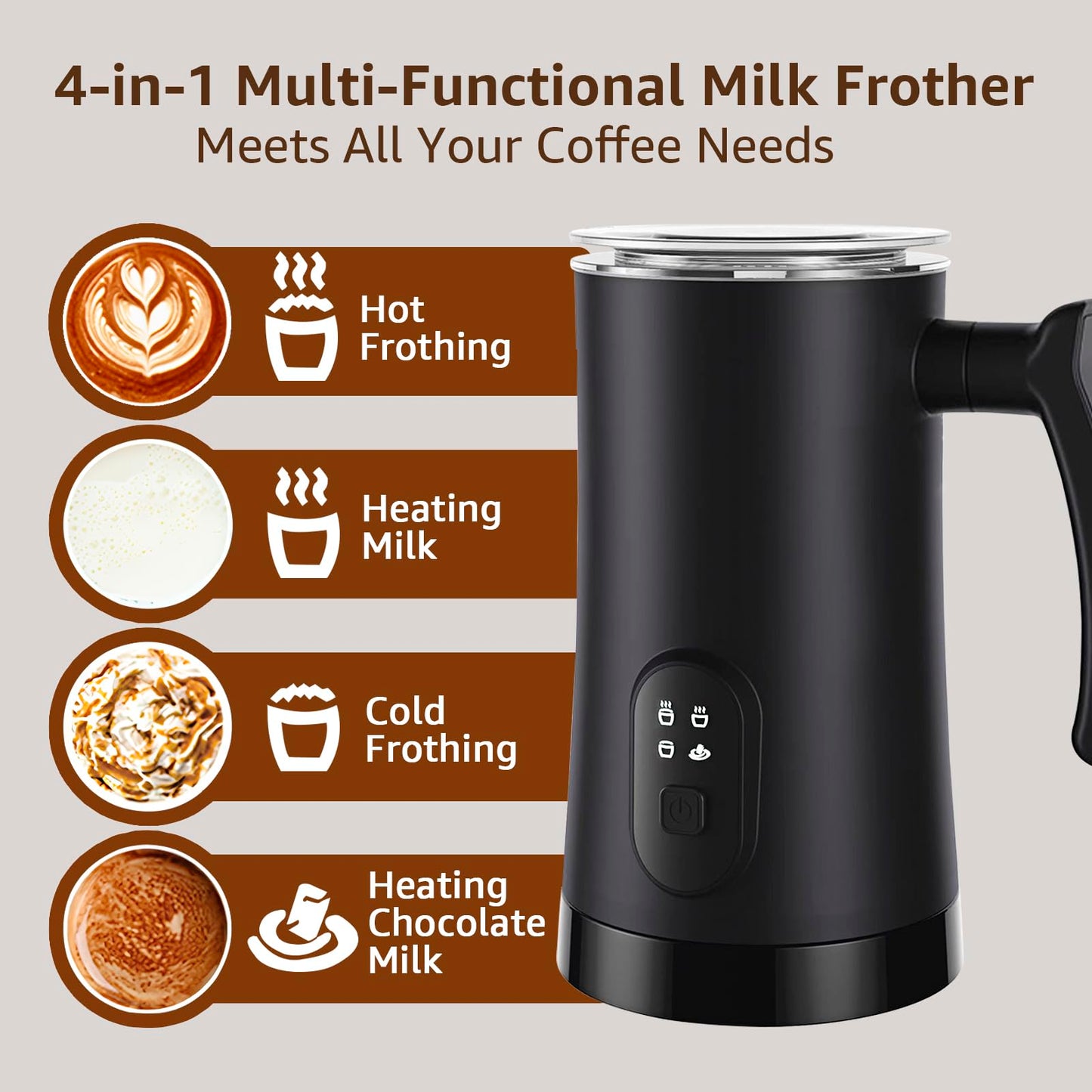 Liksiy Milk Frother, 4-in-1 Milk Frother and Steamer, Auto Shut-Off Coffee Frother with Hot & Cold Foam, Quiet Design Frother Machine for Latte, Cappuccino and Macchiato