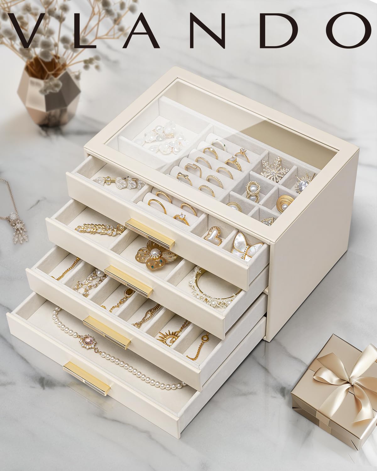 Vlando Jewelry Box with Glass Lid,Jewelry Organizer with 4 Drawers,4-Layer Jewelry Box for Women Girls,Gift for Loved Ones,Beige