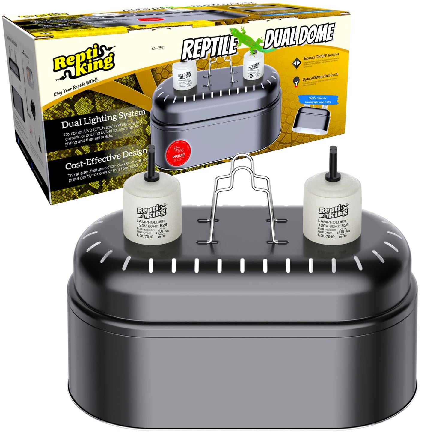 ReptiKing Reptile Dual Light Fixture, Double Deep Dome for Reptile Light/Heat Lamp/UVB Light, Snap-on Lamp Fixture Holder for Beared Dragon/Snake/Turtle/Lizard Tank Accessories