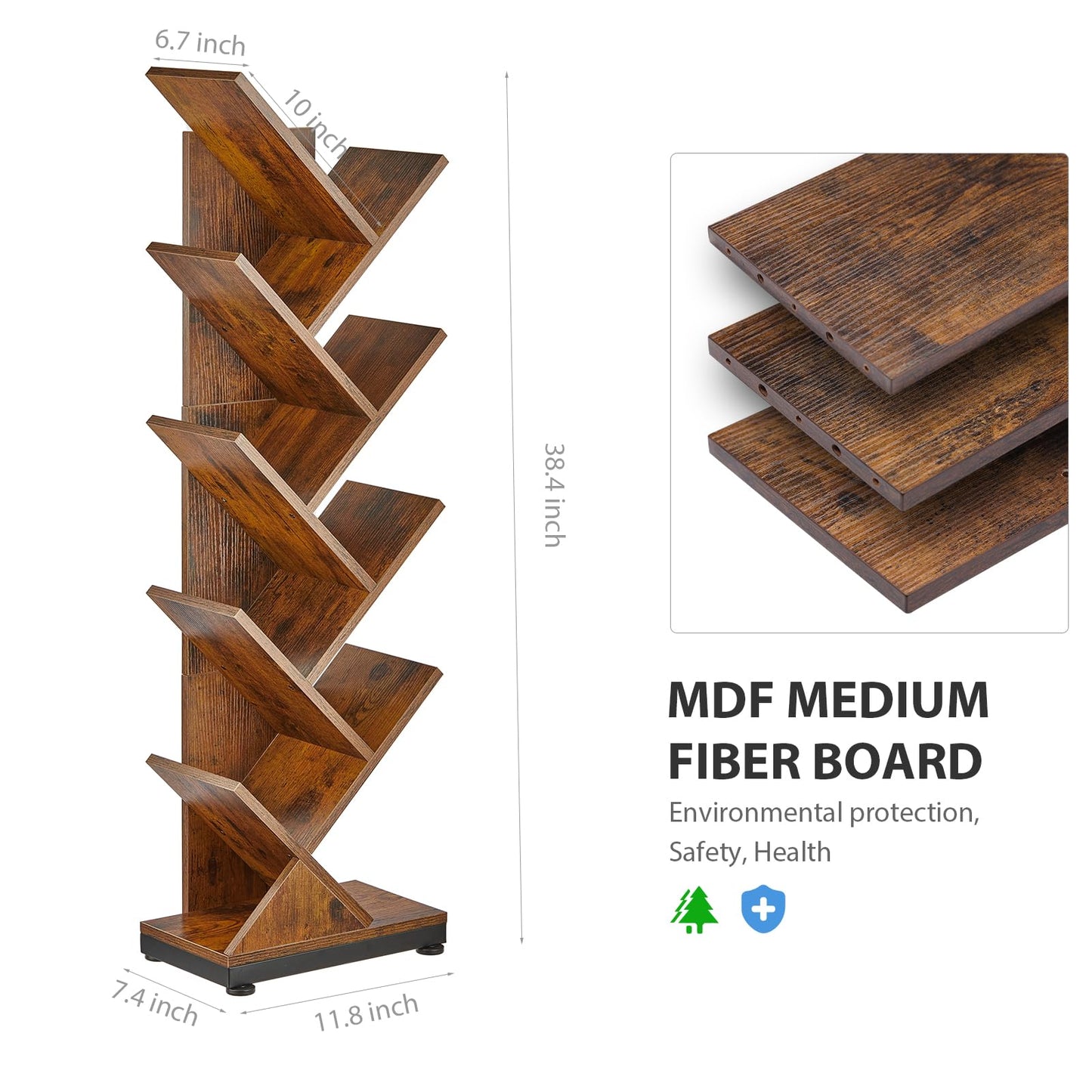 RUBOKA 9 Tier Tree Bookshelf, Shelf Floor Standing Bookcase Display for CDs/Magazine/Books, Retro Bookcase for Bedroom, Living Room, Office, Balcony, Book Organizer Storage Shelve, Classic
