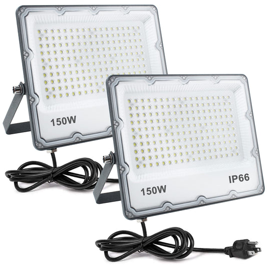 150W LED Flood Lights 15000LM 6500K Illumination, Security Lights Wall Fixtures, IP66 Waterproof Outdoor White Lighting Projects for Ball Ground, Parking Lot, Pathway, Yard, Chicken Coop (2 Pack)