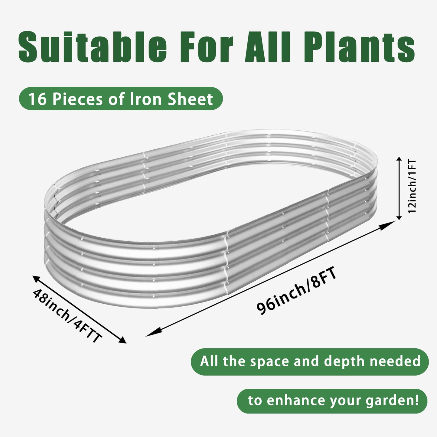 FOUBAM Galvanized Raised Garden Bed Kit, Oval Planters for Outdoor Plants,Galvanized Planter Boxes, Metal Raised Garden Beds Outdoor for Vegetables Flower Herb Patio 8 X 4 X 1 FT
