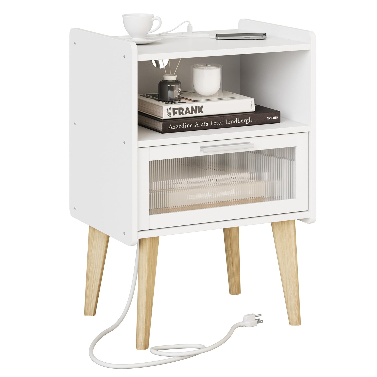Nightstand with Charging Station, Bedside Tables with Glass Decorative Door, End Table Side Table with 2 Tiers Storage Space, for Bedroom, Living Room, White CAMLBZ07WE