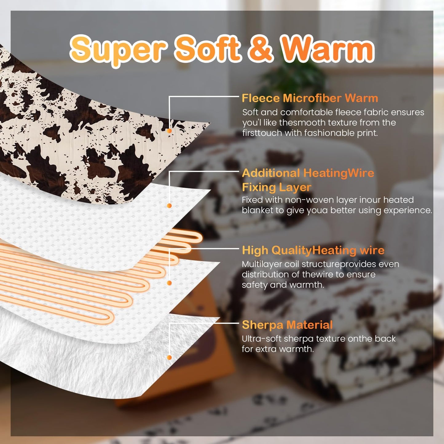 Electric Heated Blanket Heating Blanket Cow Print Throw 50INx60IN Winter Warm Blanket Gift 5 Heat Levels & 12 Hours Auto-Off, Cozy Soft Fleece Sherpa, Machine Washable，ETL Certificated