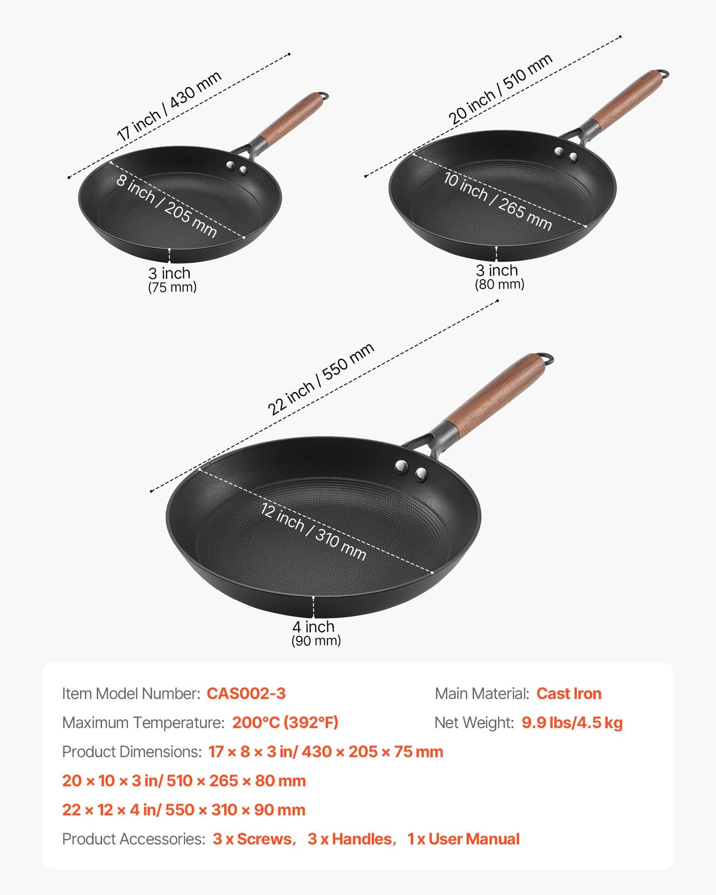 VEVOR Cast Iron Skillet, 3-Piece Frying Pan Set (8, 10, 12 in), Nonstick Skillets with Detachable Wood Handle, Pre-Seasoned Chef's Pan, Kitchen Cookware for Gas, Electrical, and Induction, Black