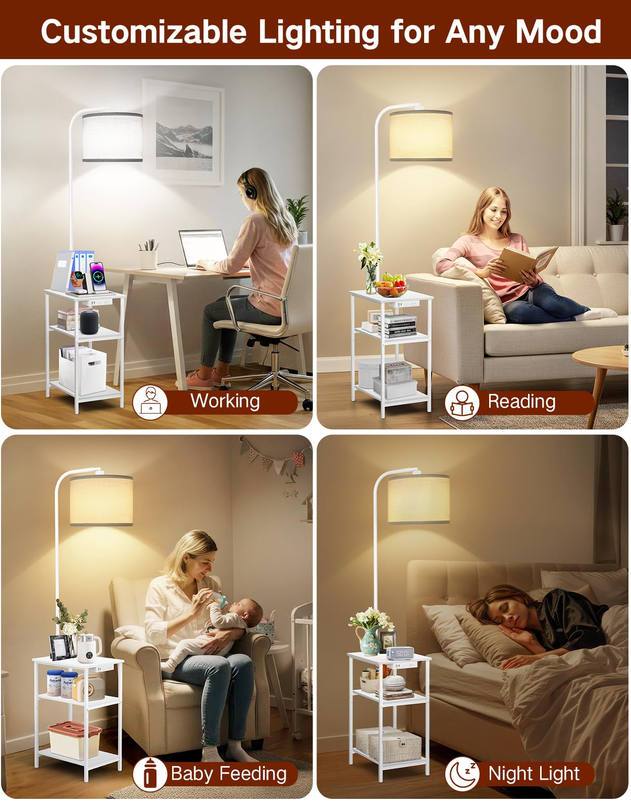 OUTONLIFE Floor Lamp with Table & Remote, Side Table with Charging Station, Dimmable Nightstand with 3 Color Temperatures, Open Shelves, 12W LED Bulb, End Table for Living Room, Bedroom, Office(White)