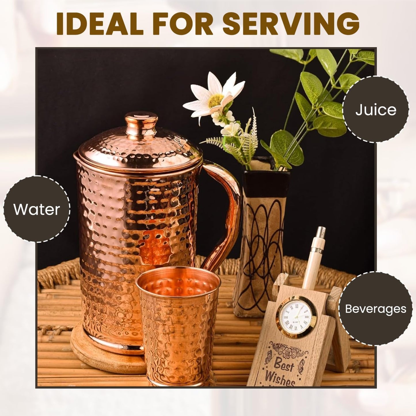 2activelife 100% Pure Copper Pitcher 50.72 Oz / 1500 ml | Drinking Water Traditional Hammered Pitcher with Lid | Copper Jug Handle Water Bottle | Ayurveda Health Benefits | Serving Water in Daily Use
