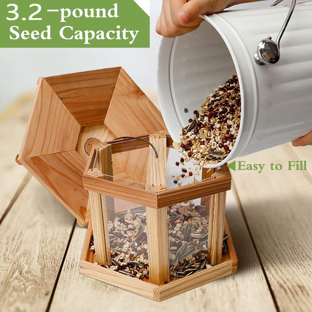 Solution4Patio Hexagon Shaped Gazebo Bird Feeder, USA Cedar, Mangeur d'oiseaux extérieur, Hollow Mesh Tray, Large Capacity, Easy to Clean & Fill, 9.6" Dia. X 8.7" Tall