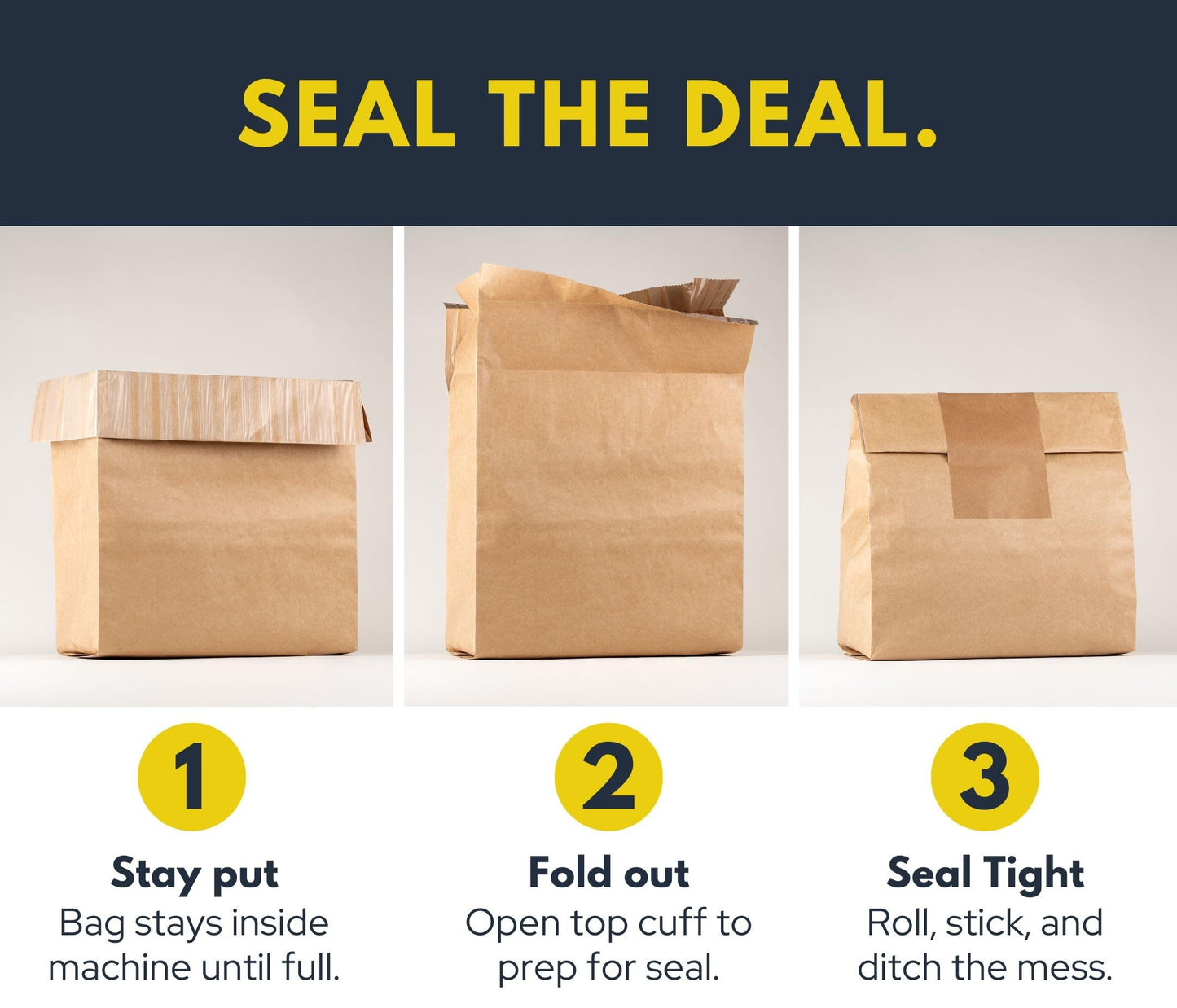 Wenses Trash Compactor Bags for Kitchen (12-Pack), 25% Thicker Kraft Paper Compactor Bags with Leak-Proof Liner & Sticker Seals