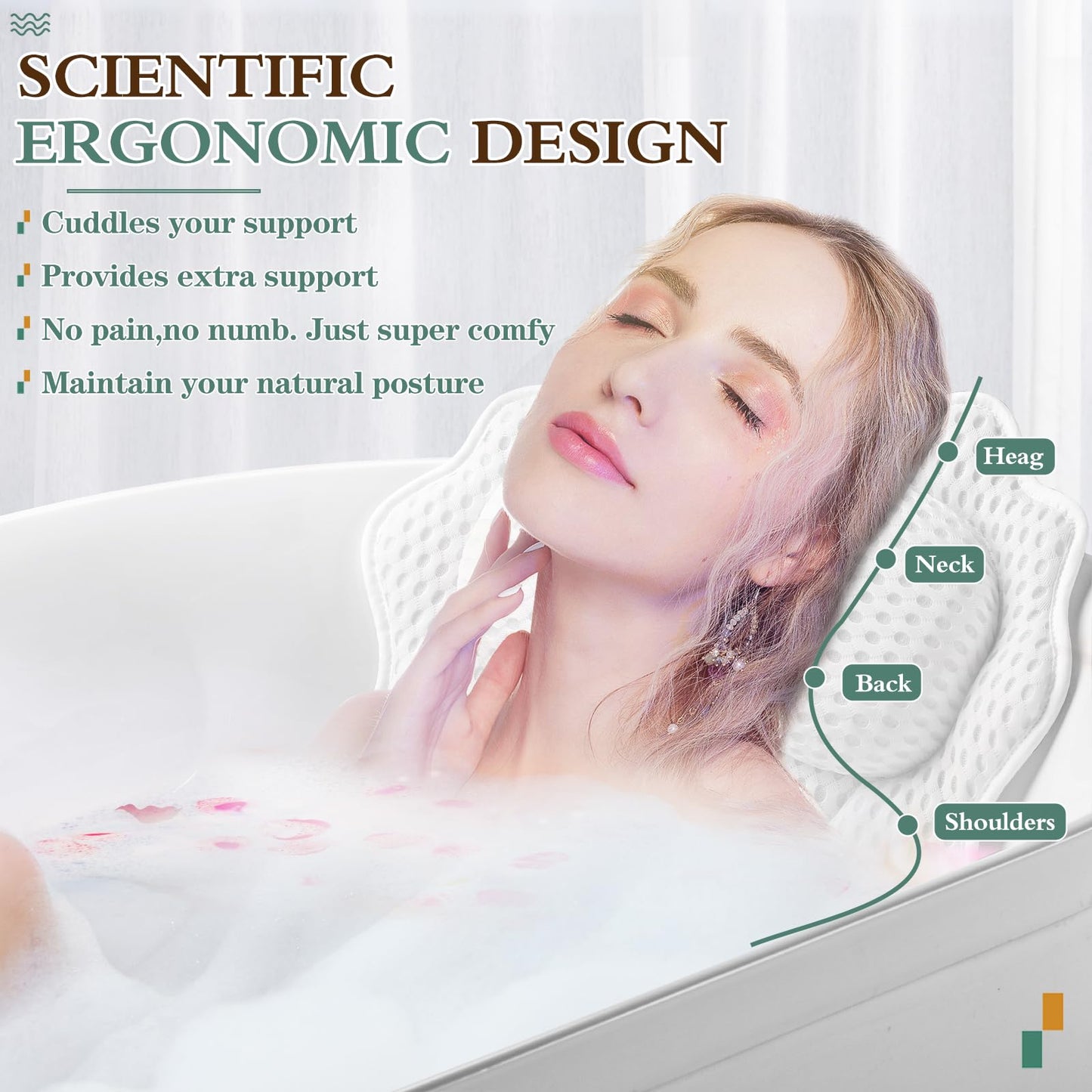 Bath Pillow RUVINCE Ergonomic Luxury Bathtub Pillow with Head,Neck, Shoulder and Back Support, 6D Bath Pillows for tub with 6 Powerful Suction Cups, Fits All Bathtub