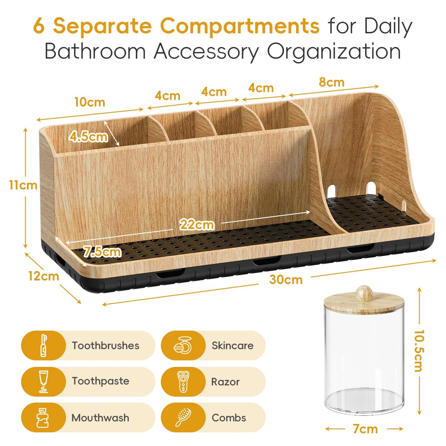 Bathroom Toothbrush Holder Set with 3 PCS Qtip Holders, Bathroom Organizer with Drainage Tray, Kids Electric Toothbrush Holder for Bathroom Countertop Caddy & Storage, Wood