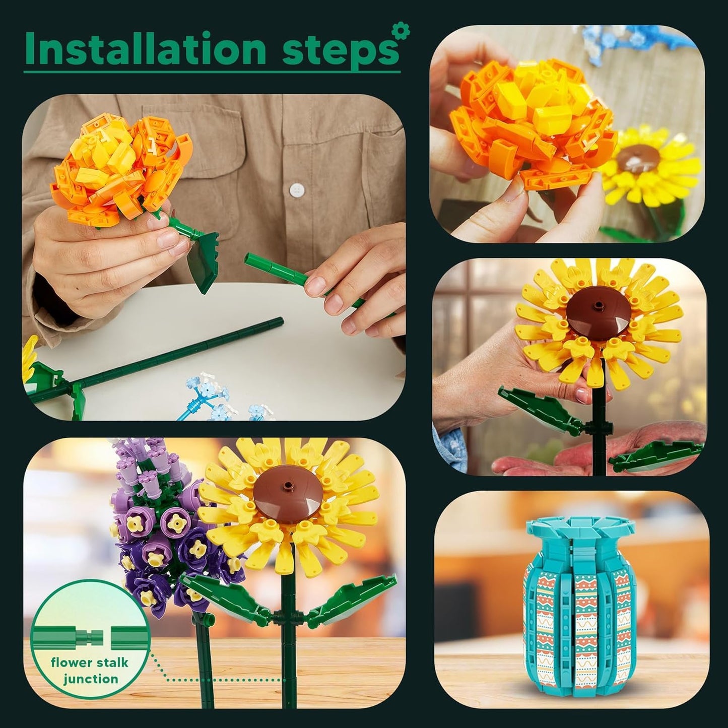 BlockPro Flowers Bouquet Building Blocks Set with Vase, Roses, Sunflower, Hyacinth, Hydrangea, Flower Set for Adults, Teen Girls, Home, Office Decor, Valentine's 1853pcs