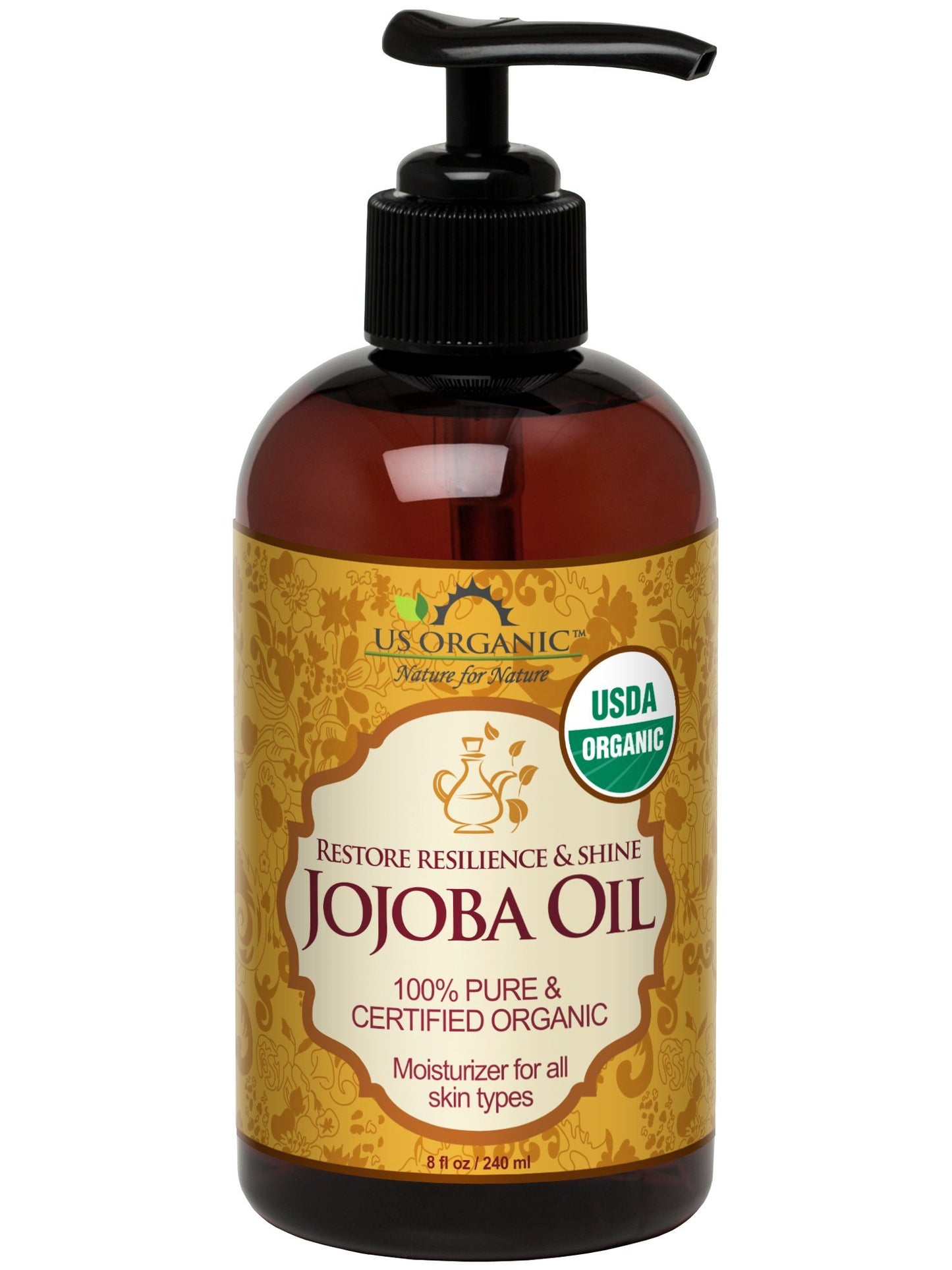 US Organic Jojoba Oil, USDA Certified,100% Pure & Natural, Cold Pressed, Virgin, Unrefined, Amber Glass Bottle with Glass Eye Dropper for Easy Application, Sourced from Israel, 8 oz (240 ml)