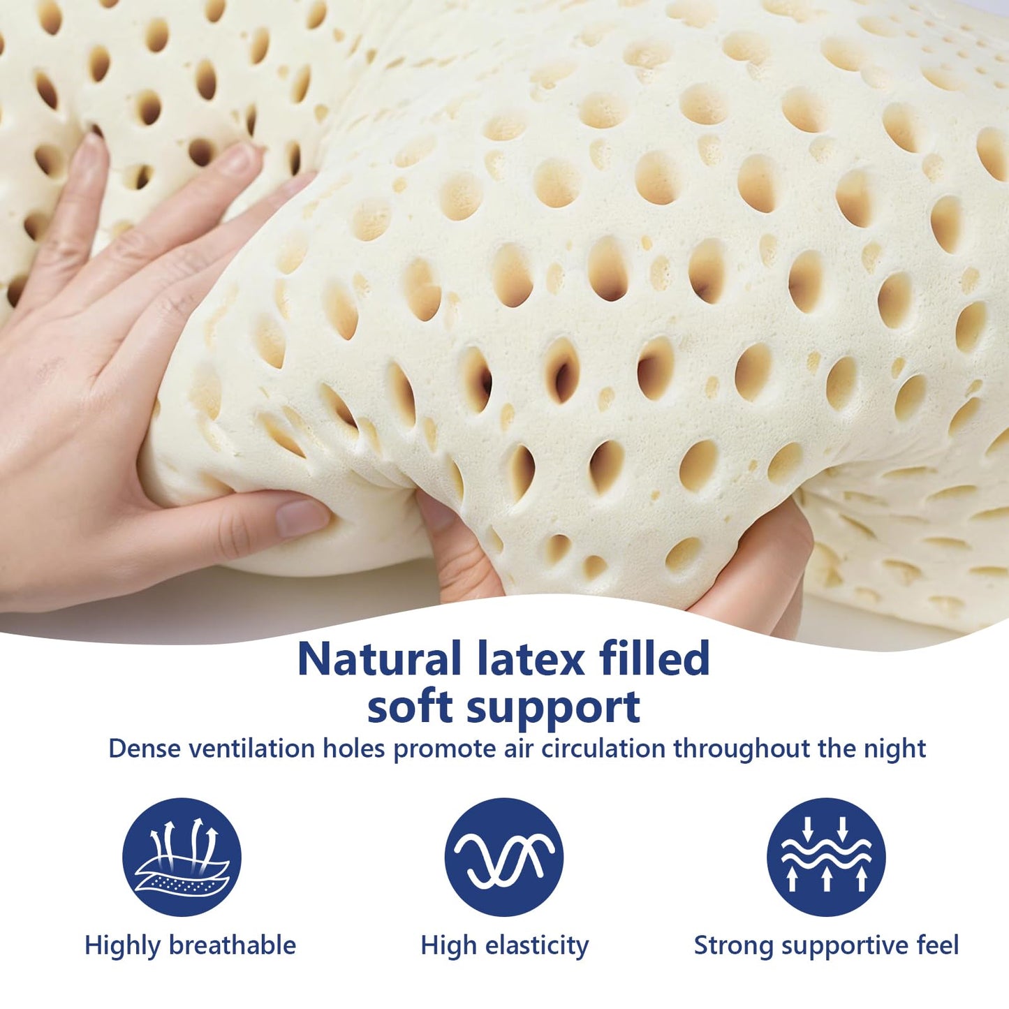 Natural Latex Pillow for Sleeping, Ergonomic Cervical Pillow for Neck Support, 90% Latex Core with Breathable Removable Washable Cover, Contour Bed Pillow for Side & Back Sleepers (White 40 * 60cm)