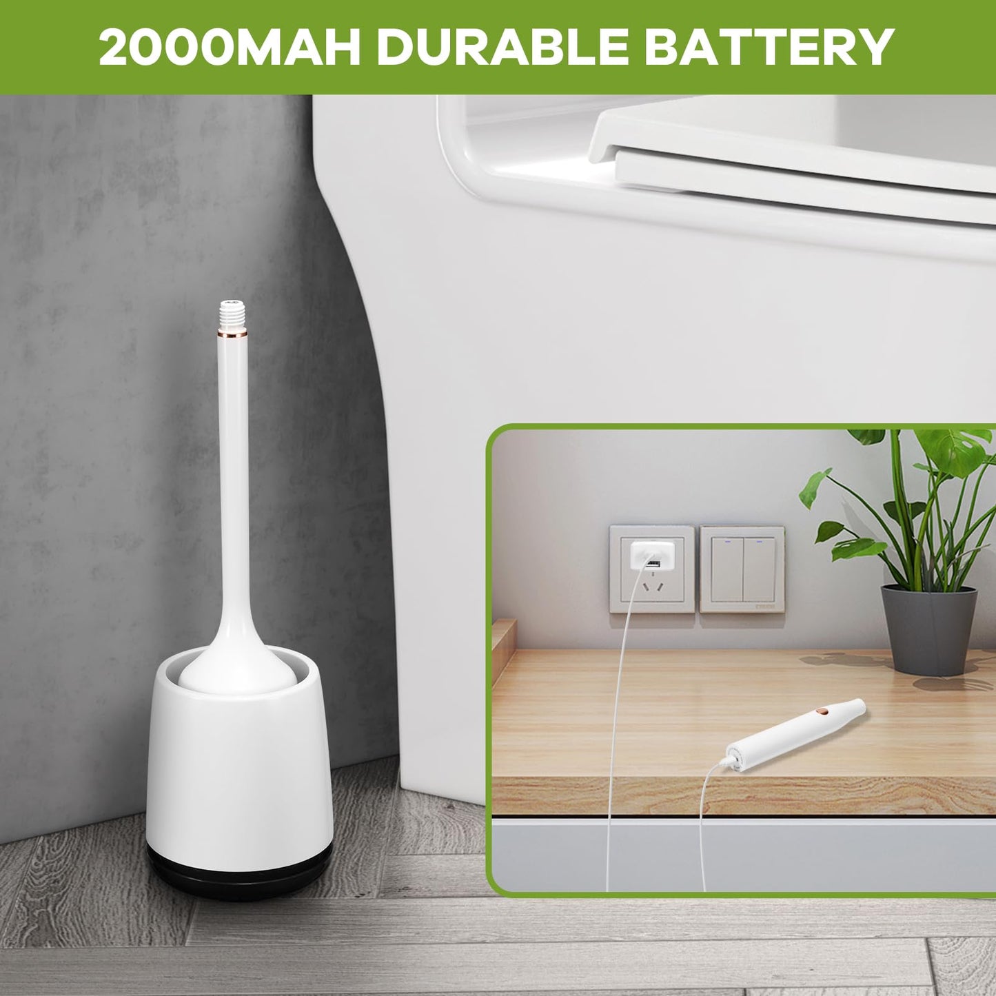Electric Toilet Brush and Holder Set,Toilet Bowl Brush,Wireless Electric Spin Scrubber,with Silicone Brush Head Self-Cleaning Light and Ventilated Slot Base,USB Charging Cable,Wall Mount Sticker