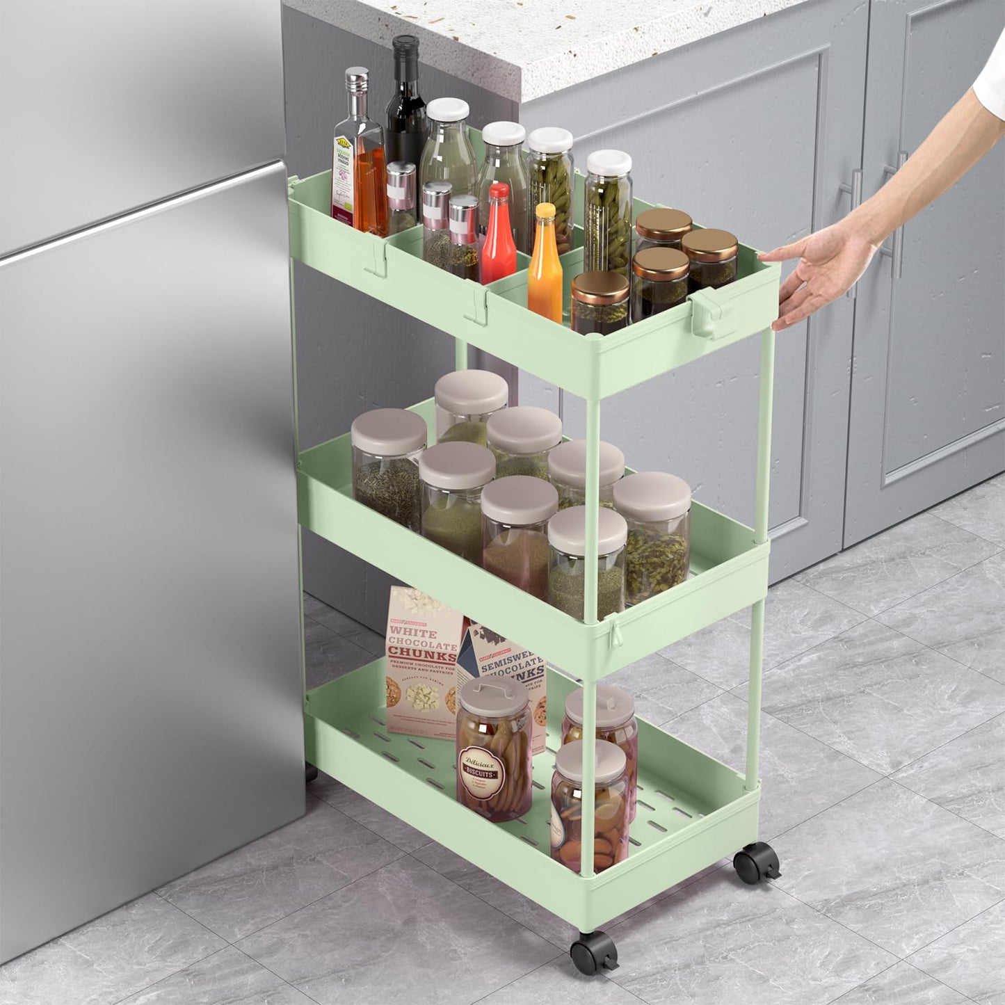 SPACELEAD Slim Storage Cart,3 Tier Bathroom Rolling Utility Cart Storage Organizer Slide Out Cart, Mobile Shelving Unit Organizer Trolley for Office Bathroom Kitchen Laundry Room Narrow Places, Green