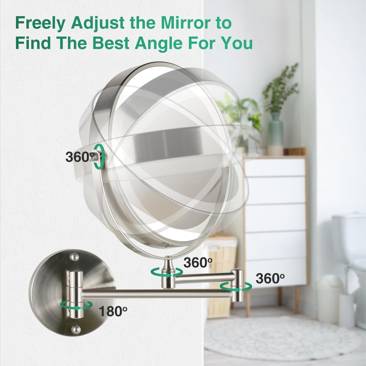 GREENFROM Rechargeable Wall Mounted Makeup Mirror Brushed Nickel, 8.5'' Magnifying Mirror with Lights Double-Sided 1X/10X 360° Rotation Extension Bathroom Shaving Mirror with Foldable Arm