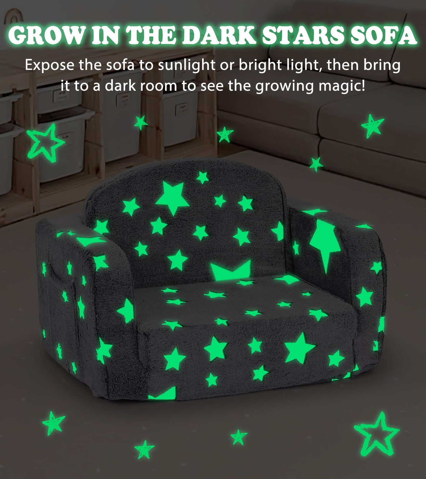 Kids Couch, 2-in-1 Soft Toddler Couch Fold Out with Blanket and Cloud Pillow, Glow in The Dark, Toddler Chair Comfy, Convertible Sofa, Gifts for Kids Girl Boys, Grey Star