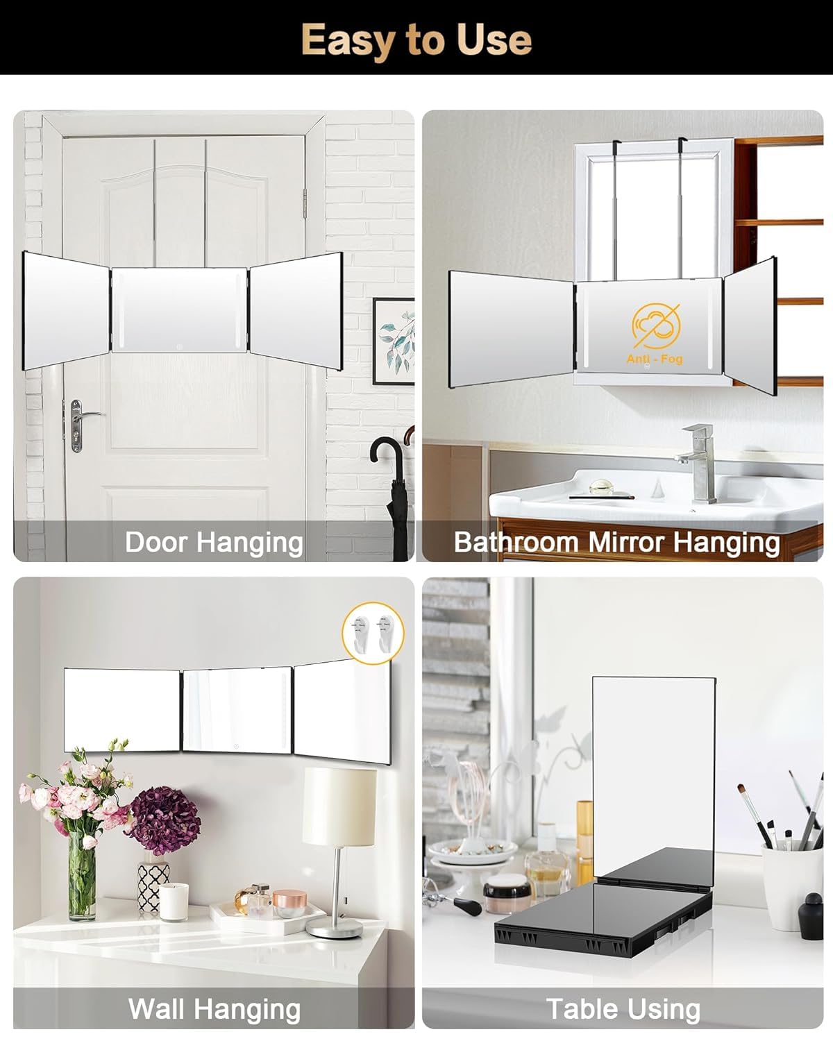 3 Way Mirror for Self Hair Cutting with Lights, 360 Rechargeable LED Haircuts Mirror for Hair Cutting, Makeup, Shaving, Braiding, Styling