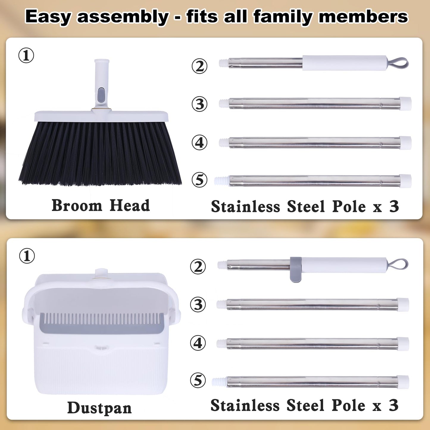 Upgrade Broom with Dustpan Combo Set with Ergonomic Adjustable Handle, Cleaning Teeth, Ideal for Pets, Indoor and Outdoor Sweeping（White）