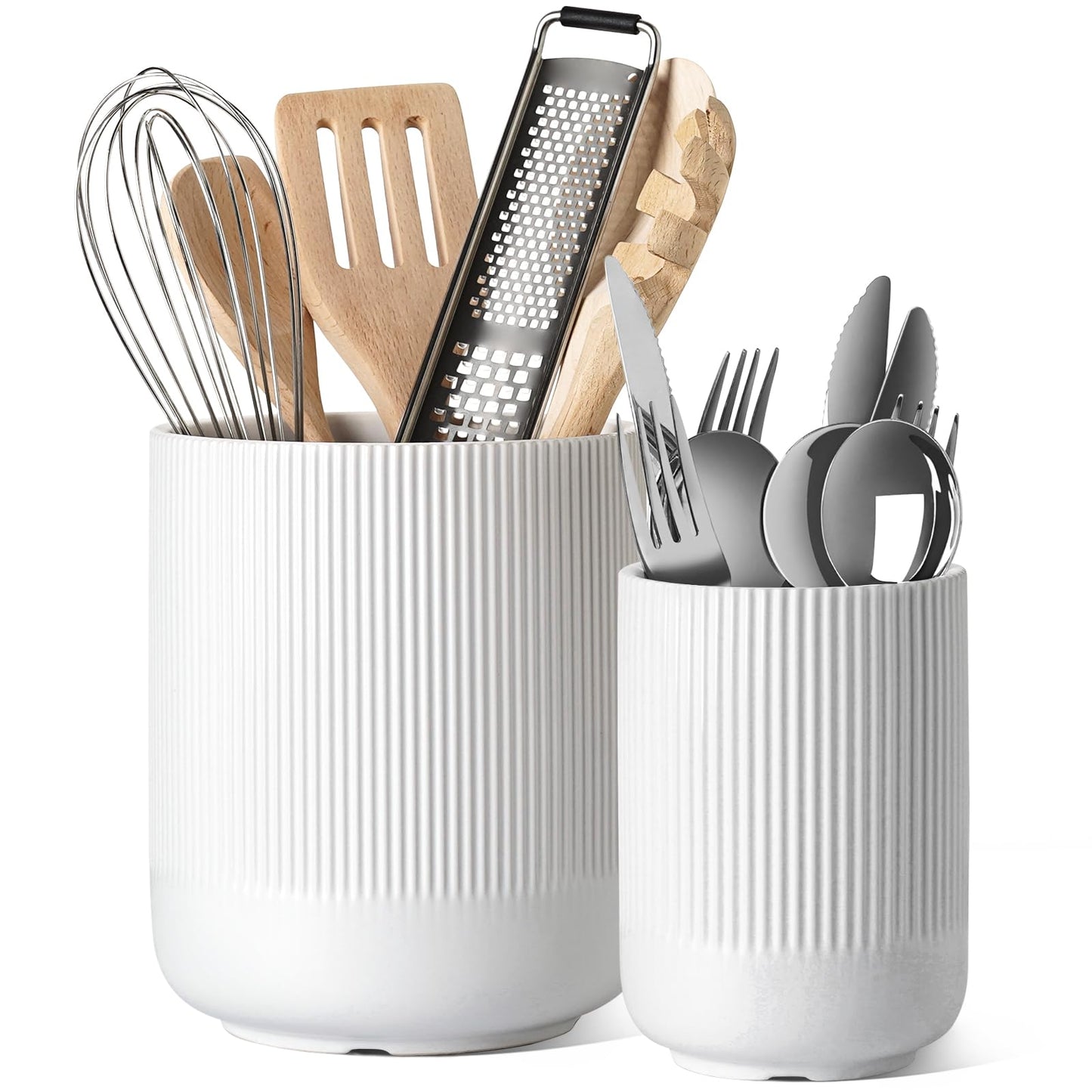 LE TAUCI Utensil Holder, Set of 2, 7.3"+5.4" Ceramic Kitchen Utensil Holder for Counter, Large Cooking Utensil Crocks for Kitchen Decor, Morden Utensil Organizer for Spatula, White
