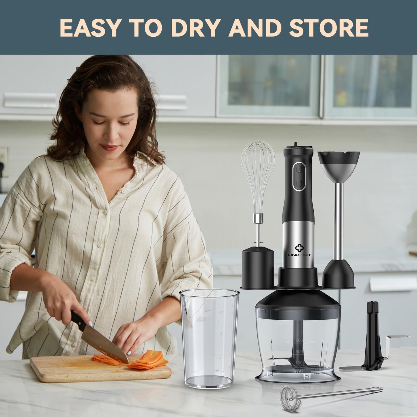 LINKChef 7 in 1 Immersion Blender Handheld, 800W Hand Blender with 2 Titanium Steel Blades, 20 Speed and Turbo Mode, Scratch Resistant Stick Blender with Whisk, Milk Frother, Food Processor, Beaker