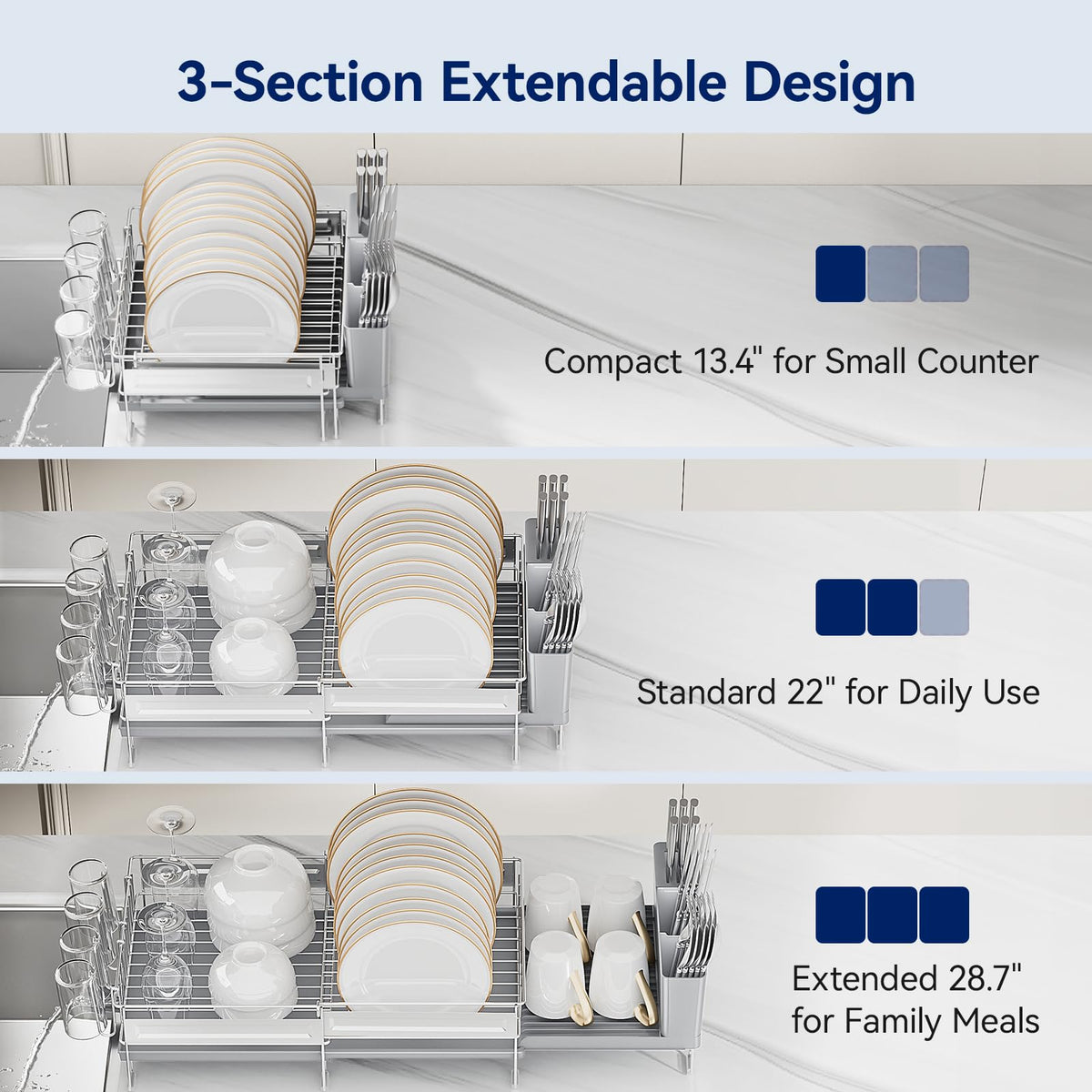 Pantasia Stainless Steel Dish Drying Rack - Expandable Dish Racks for Kitchen Counter Organizer with Drain Board, Detachable Utensil & Cup Holder, Dish Drainer for Small Kitchen Counter, Grey