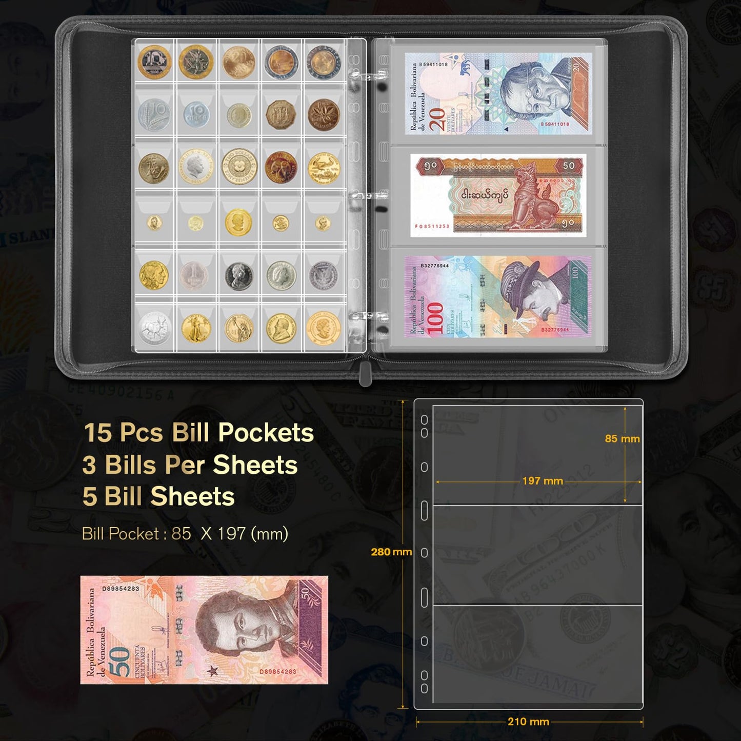 JoyHood Coin Collection Book Holder - 400 Coins Pockets+15 Bills Pockets, Coin Display Organizer Storage Album for 20/25/ 27/30/38mm Coin