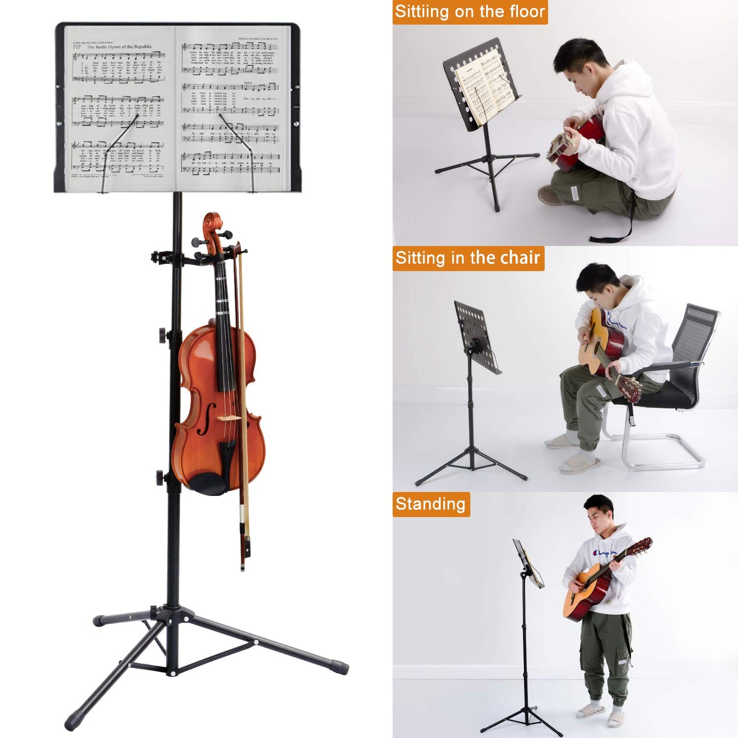 Klvied Folding Sheet Music Stand with Violin Hanger, Portable, Black