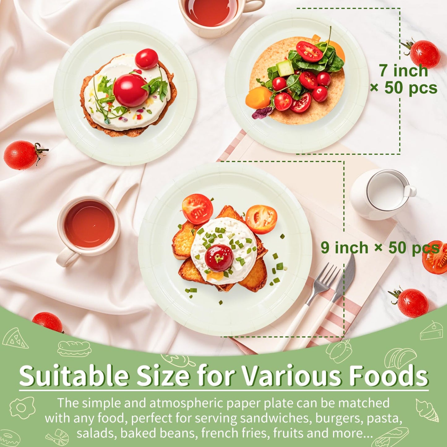 LIKAJON 100 Pcs Ivory Paper Plates, 25 Pcs 9 Inch and 25 Pcs 7 Inch Disposable Dessert Plates for Valentines,Tea Party, Baby Shower, Birthday, Wedding, Graduation, Picnic, BBQ, Party