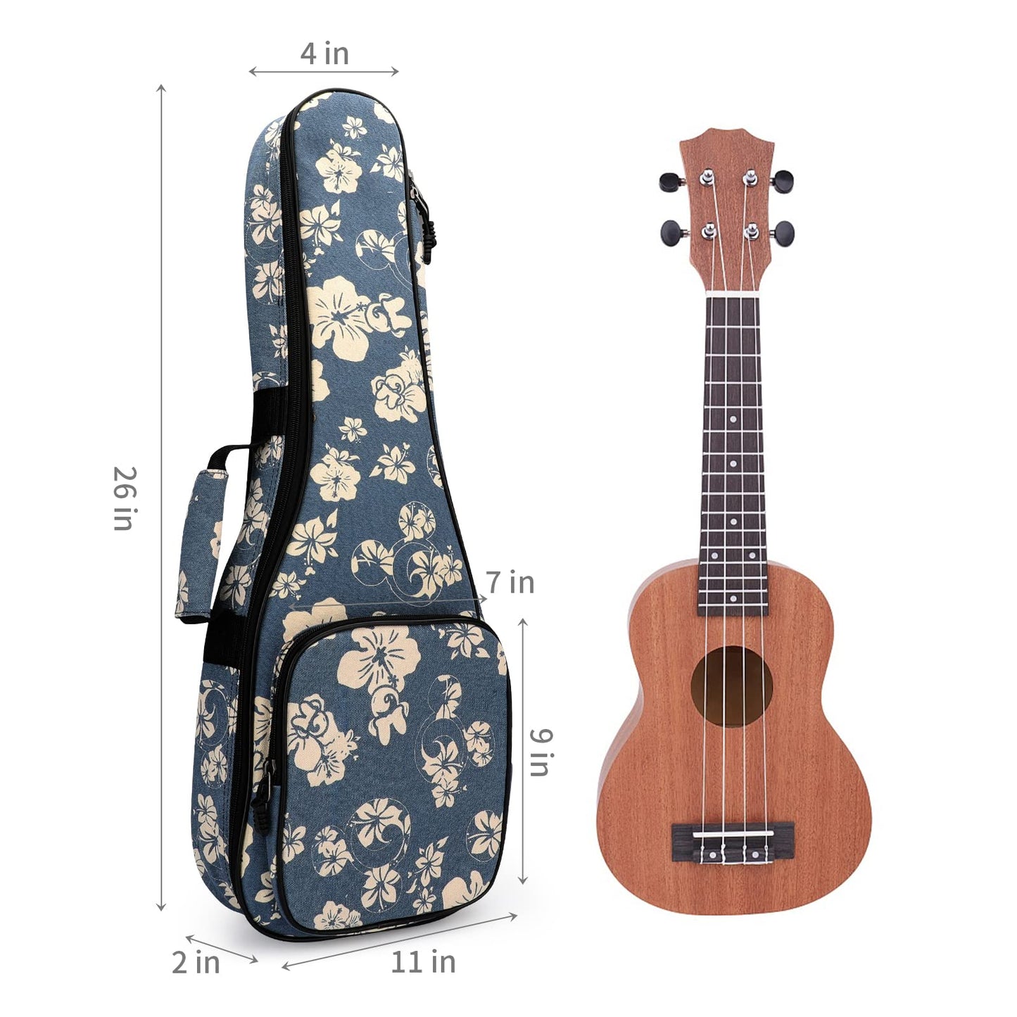 Ukulele Bag,21 23 26 30 Durable Colorful Ukelele Case with Thicker Pad with Double Adjustable Straps, Storage and Handle (21 Inch, Blue Flower) (Blue Flower, 26 Inch)